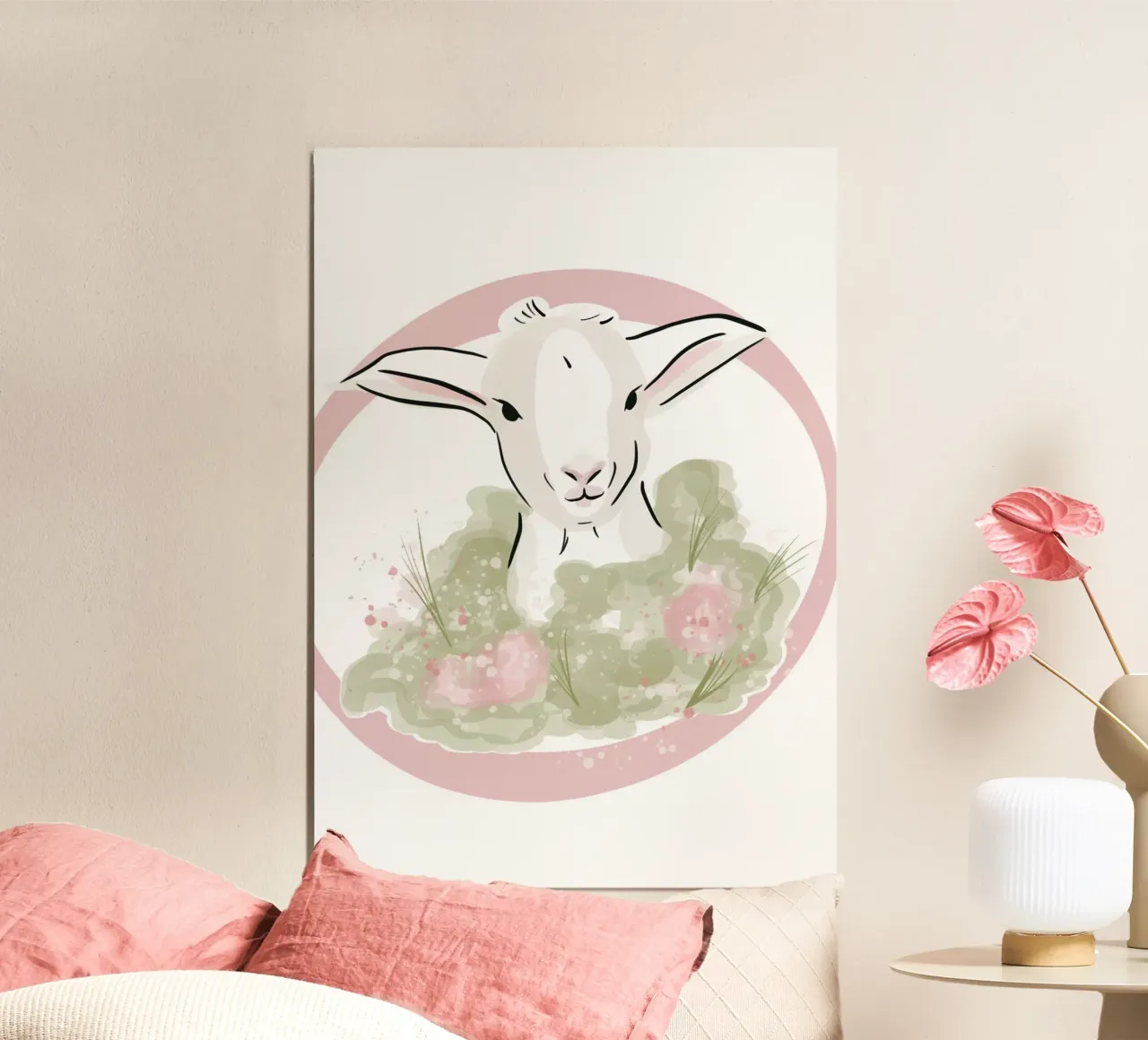 Simpatico agnellino bianco con fiori rosa carta hahnemühle da Lisa Jureczko Arts Illustration