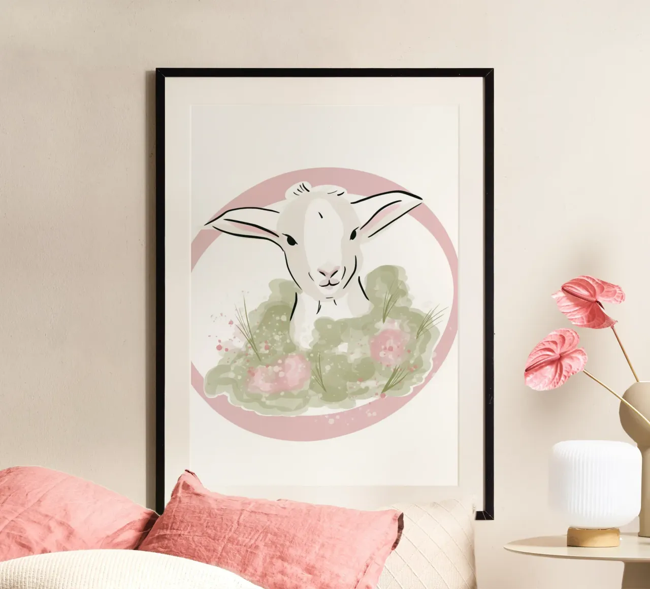 Simpatico agnellino bianco con fiori rosa carta hahnemühle da Lisa Jureczko Arts Illustration