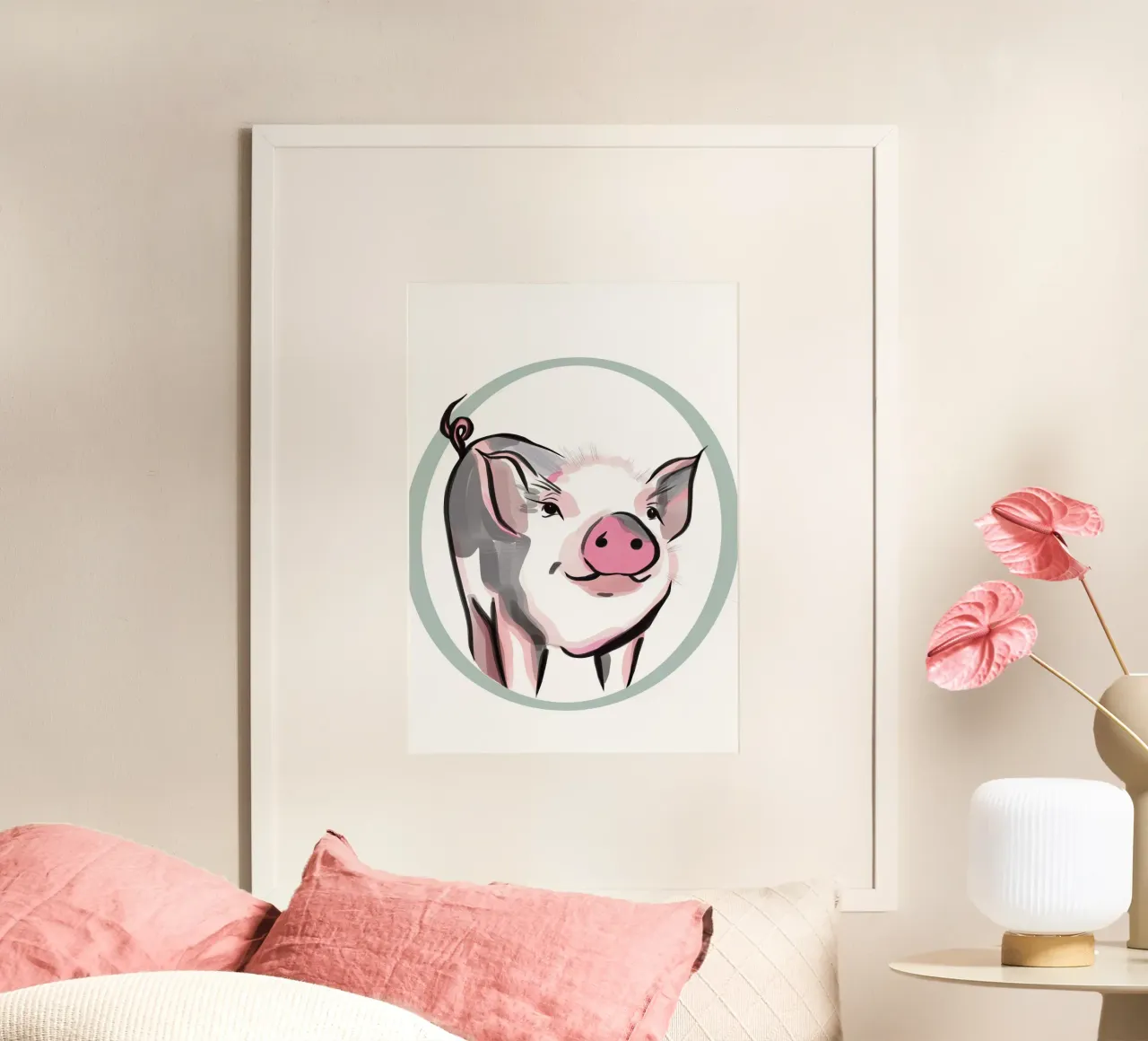 Illustration d'un petit cochon mignon avec un nez rose poster avec cadre en plastique de Lisa Jureczko Arts Illustration