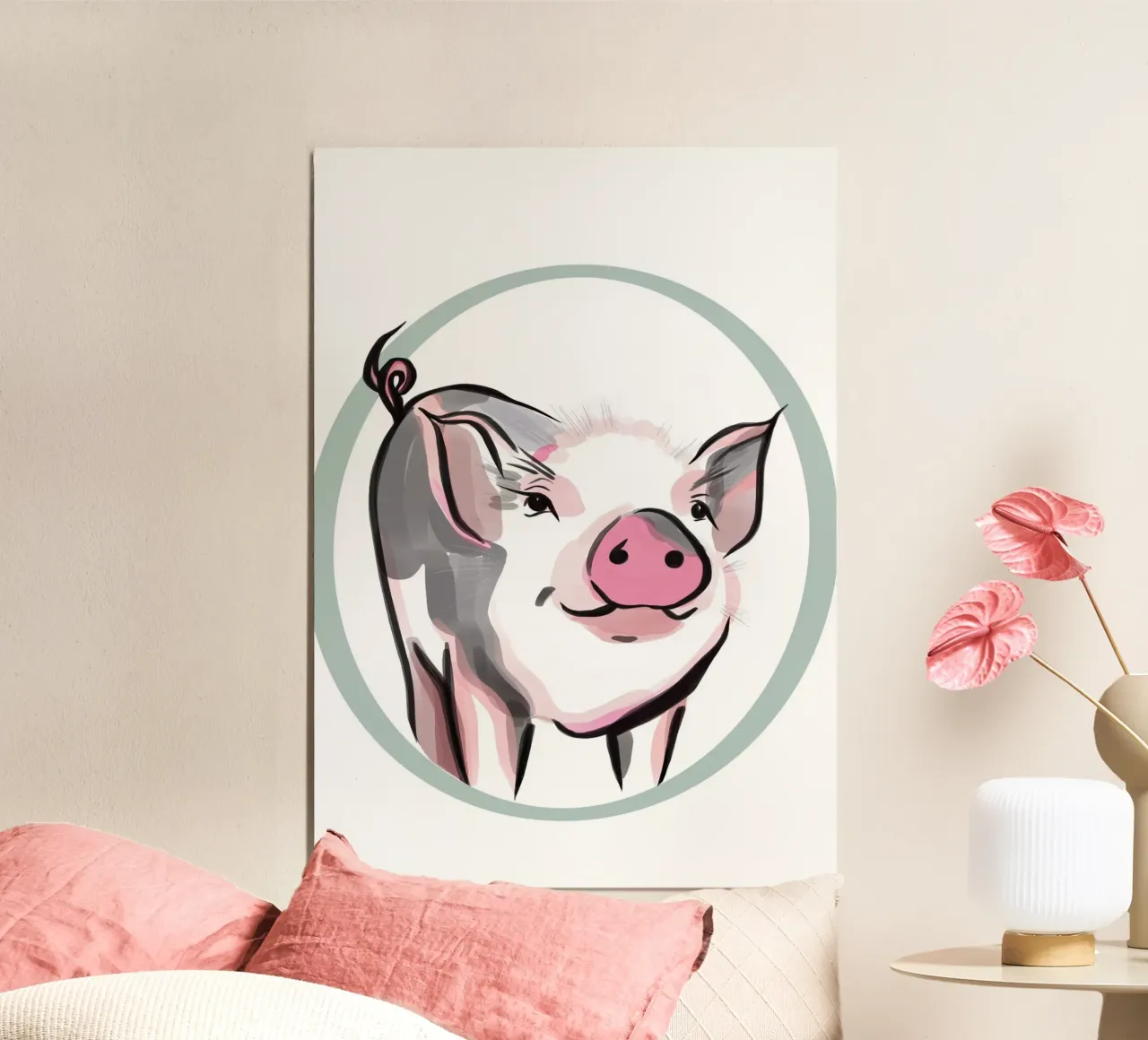 Illustration d'un petit cochon mignon avec un nez rose poster avec cadre en plastique de Lisa Jureczko Arts Illustration