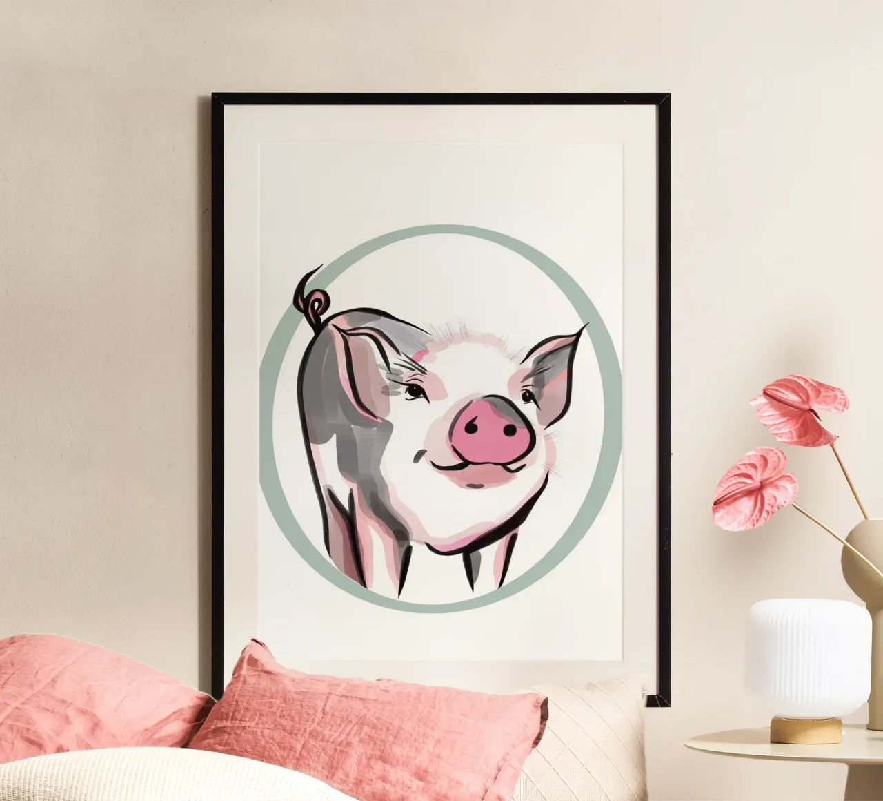 Illustration d'un petit cochon mignon avec un nez rose poster avec cadre en plastique de Lisa Jureczko Arts Illustration