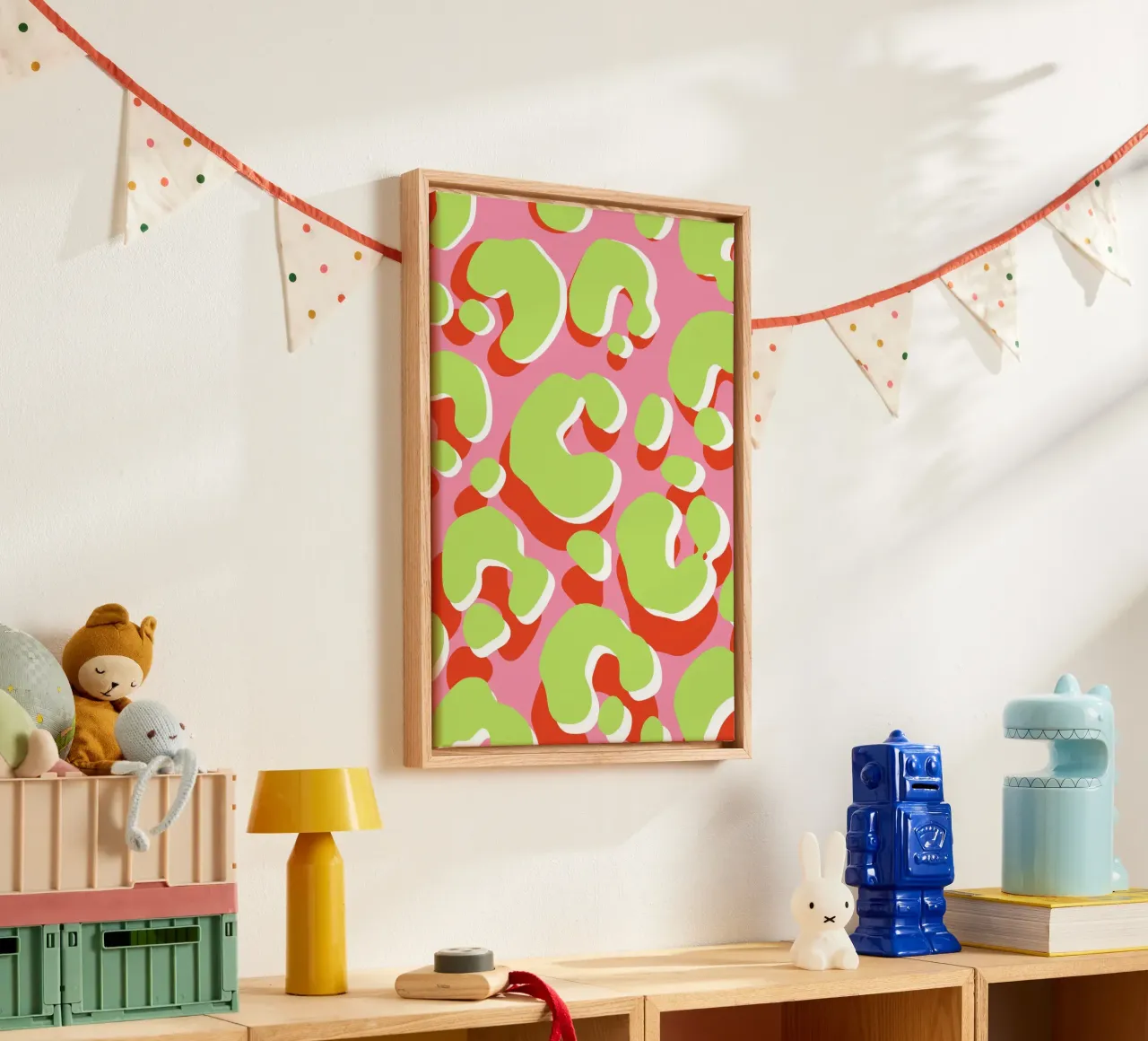 Animal print leopard look in green, red and pink canvas with Floater frame by Lisa Jureczko Arts Illustration
