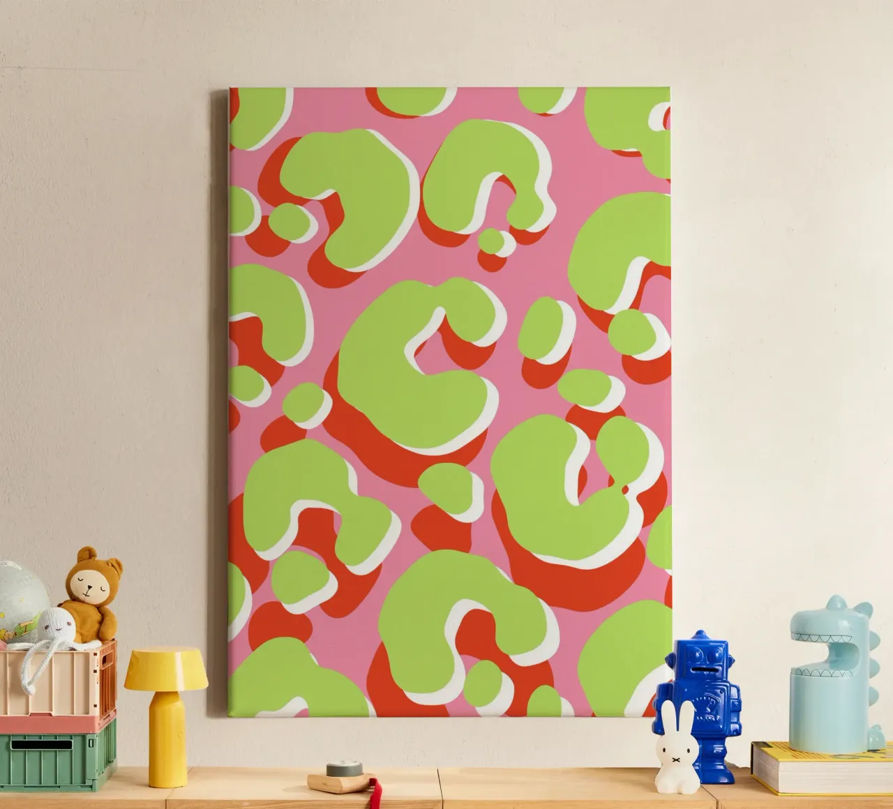 Animal print leopard look in green, red and pink canvas with Floater frame by Lisa Jureczko Arts Illustration