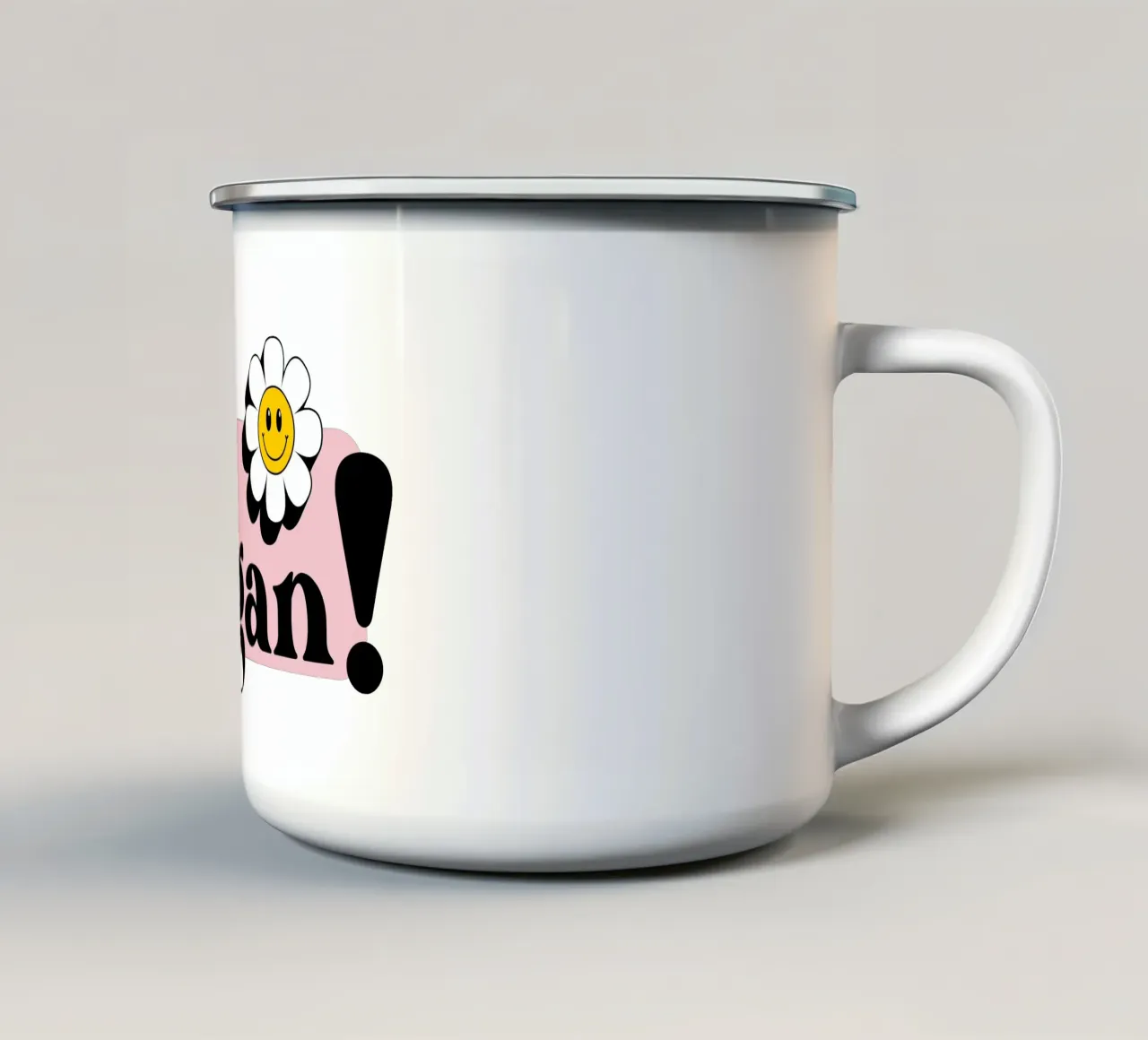 Vai Vegan! Illustrazione dello slogan con fiore sorridente tazza in smalto da Lisa Jureczko Arts Illustration