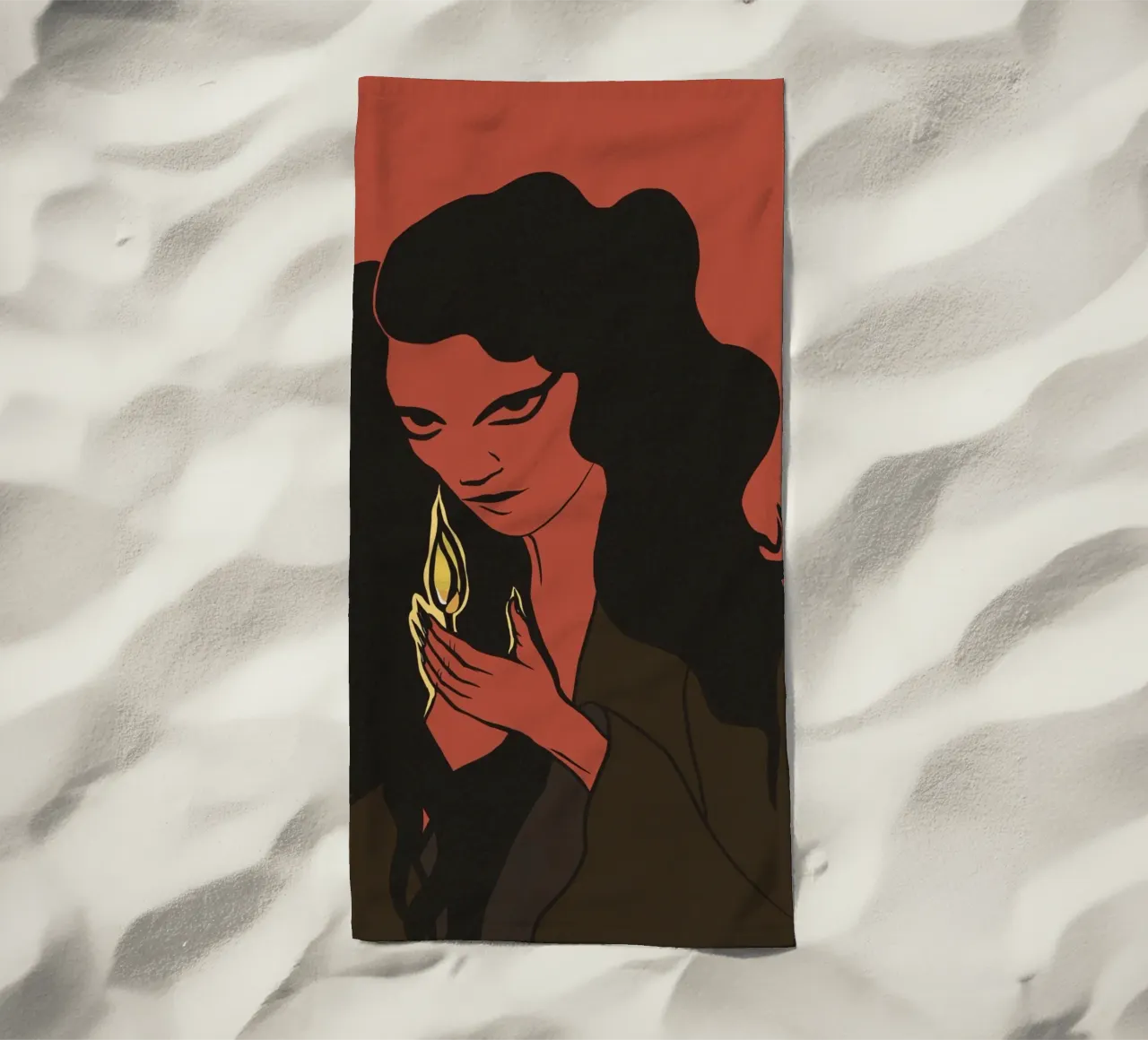 Donna mistica con capelli neri e fiammifero telo mare da Lisa Jureczko Arts Illustration