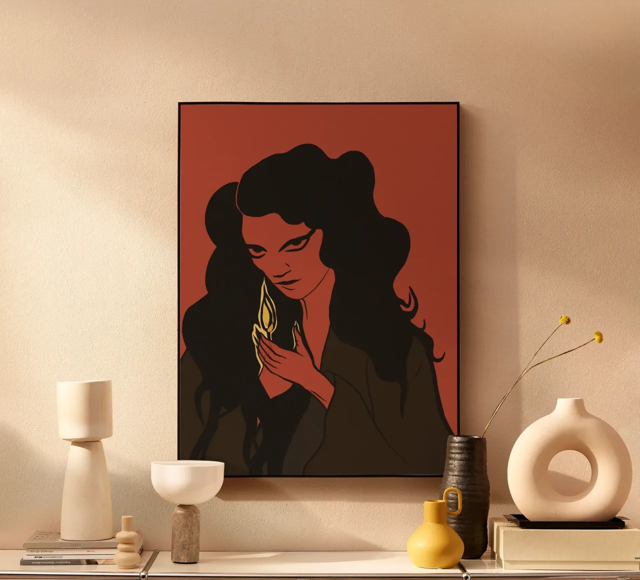 Donna mistica con capelli neri e fiammifero alluminio dibond da Lisa Jureczko Arts Illustration