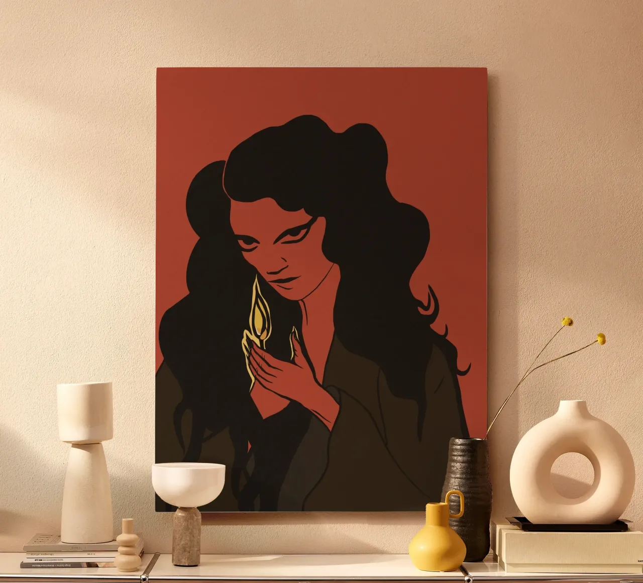 Donna mistica con capelli neri e fiammifero alluminio dibond da Lisa Jureczko Arts Illustration