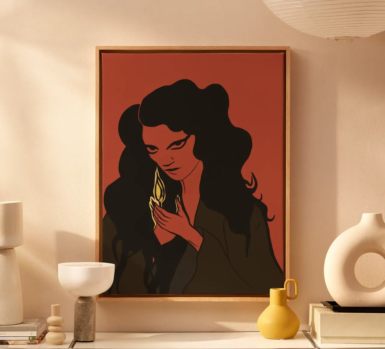 Donna mistica con capelli neri e fiammifero tela con Cornice a cassetta da Lisa Jureczko Arts Illustration