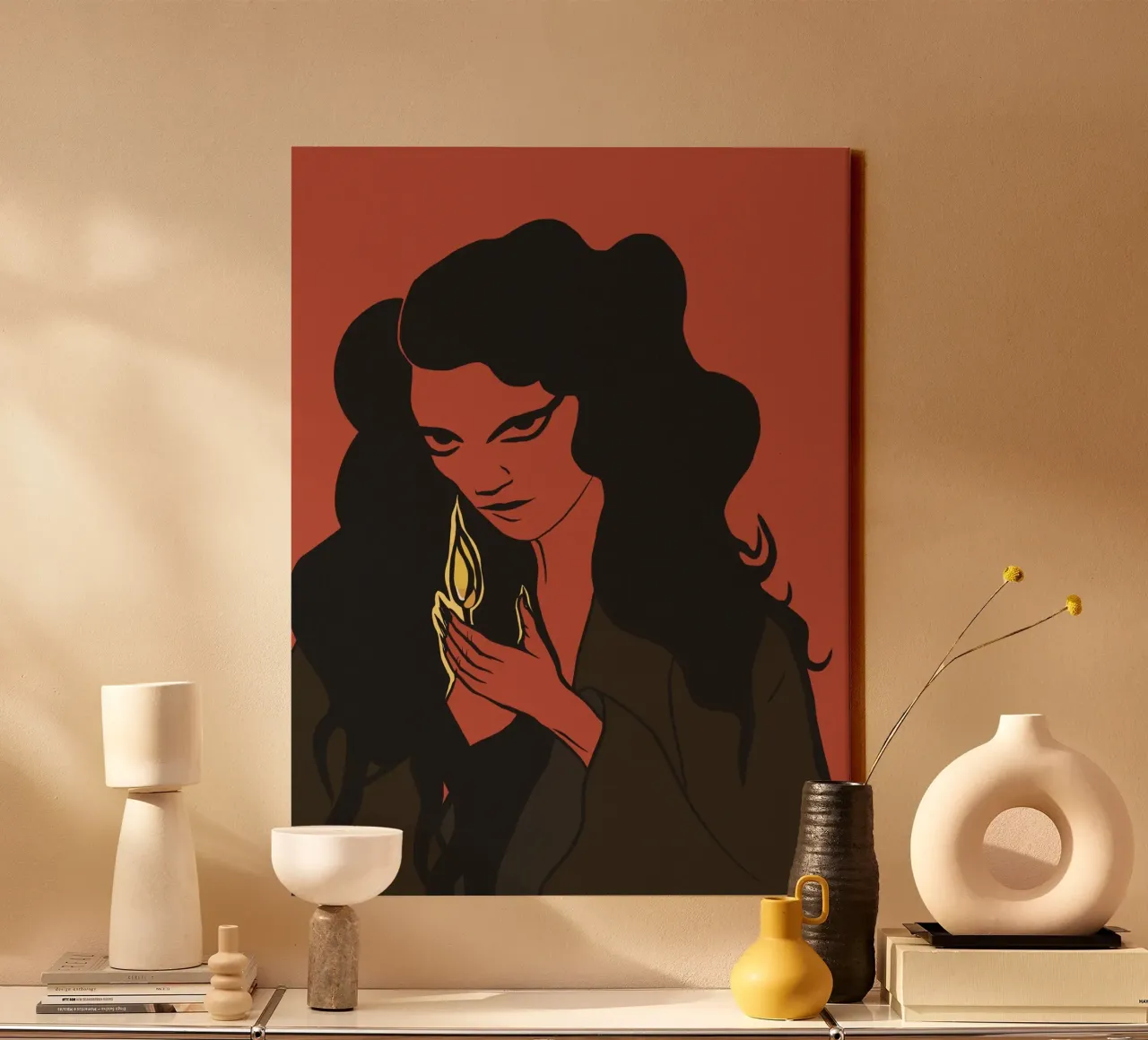 Donna mistica con capelli neri e fiammifero tela con Cornice a cassetta da Lisa Jureczko Arts Illustration