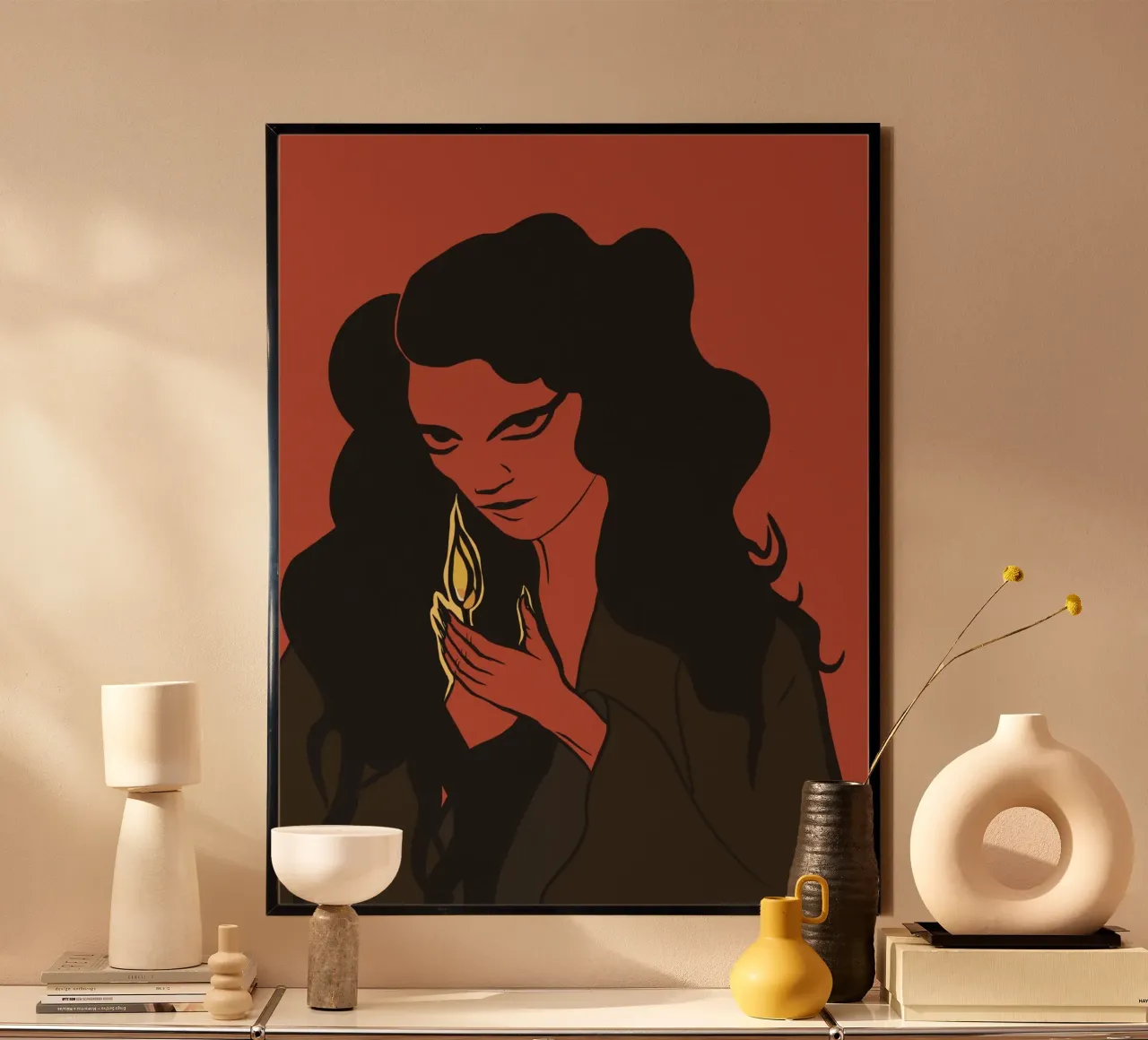 Donna mistica con capelli neri e fiammifero poster con telaio in legno da Lisa Jureczko Arts Illustration