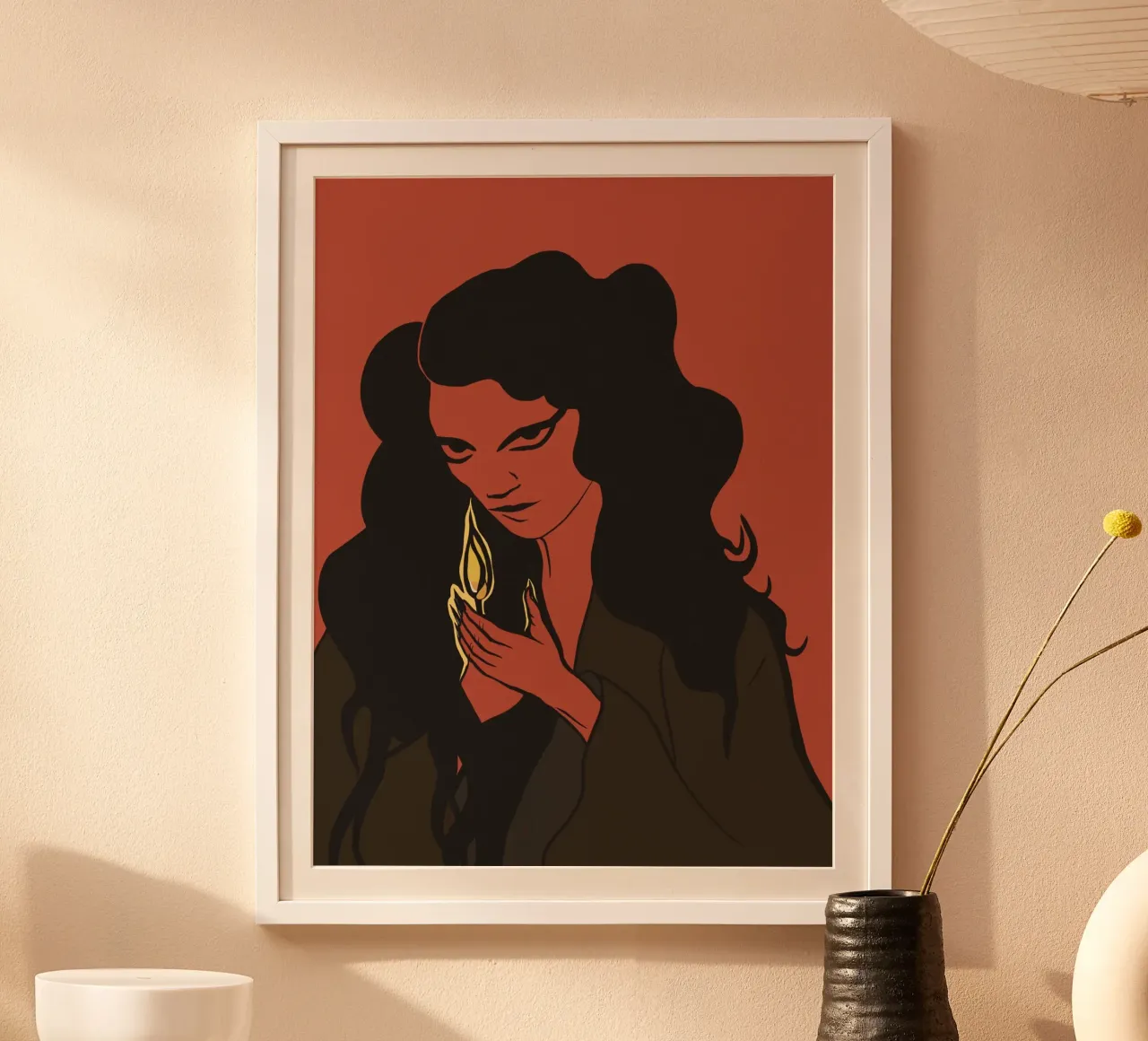 Donna mistica con capelli neri e fiammifero poster con telaio in legno da Lisa Jureczko Arts Illustration