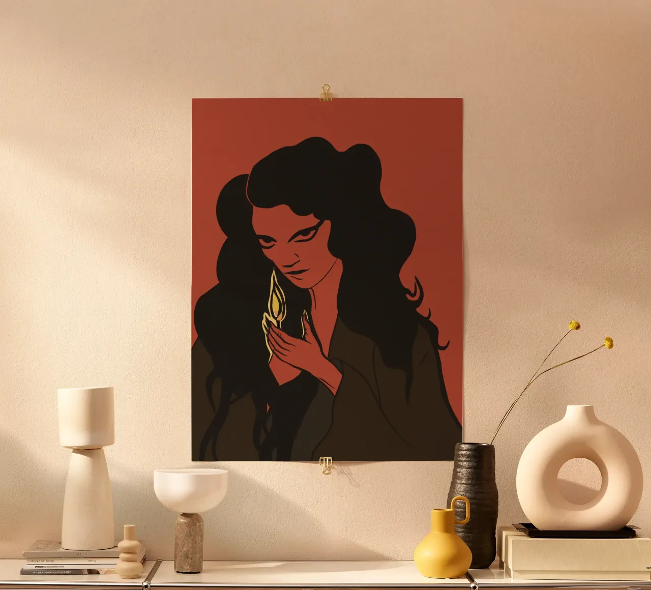 Donna mistica con capelli neri e fiammifero poster con telaio in legno da Lisa Jureczko Arts Illustration