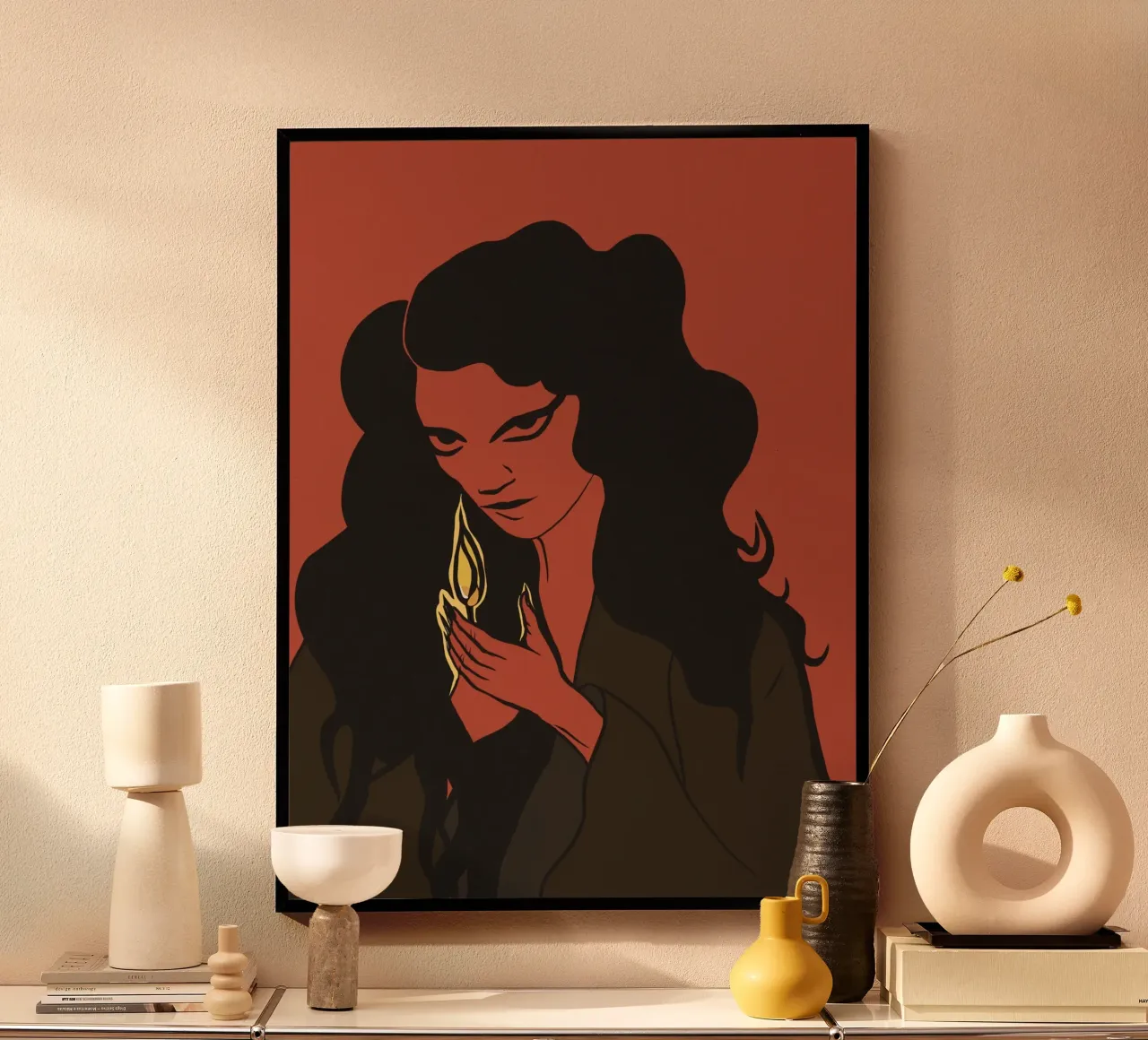 Donna mistica con capelli neri e fiammifero poster con telaio in legno da Lisa Jureczko Arts Illustration