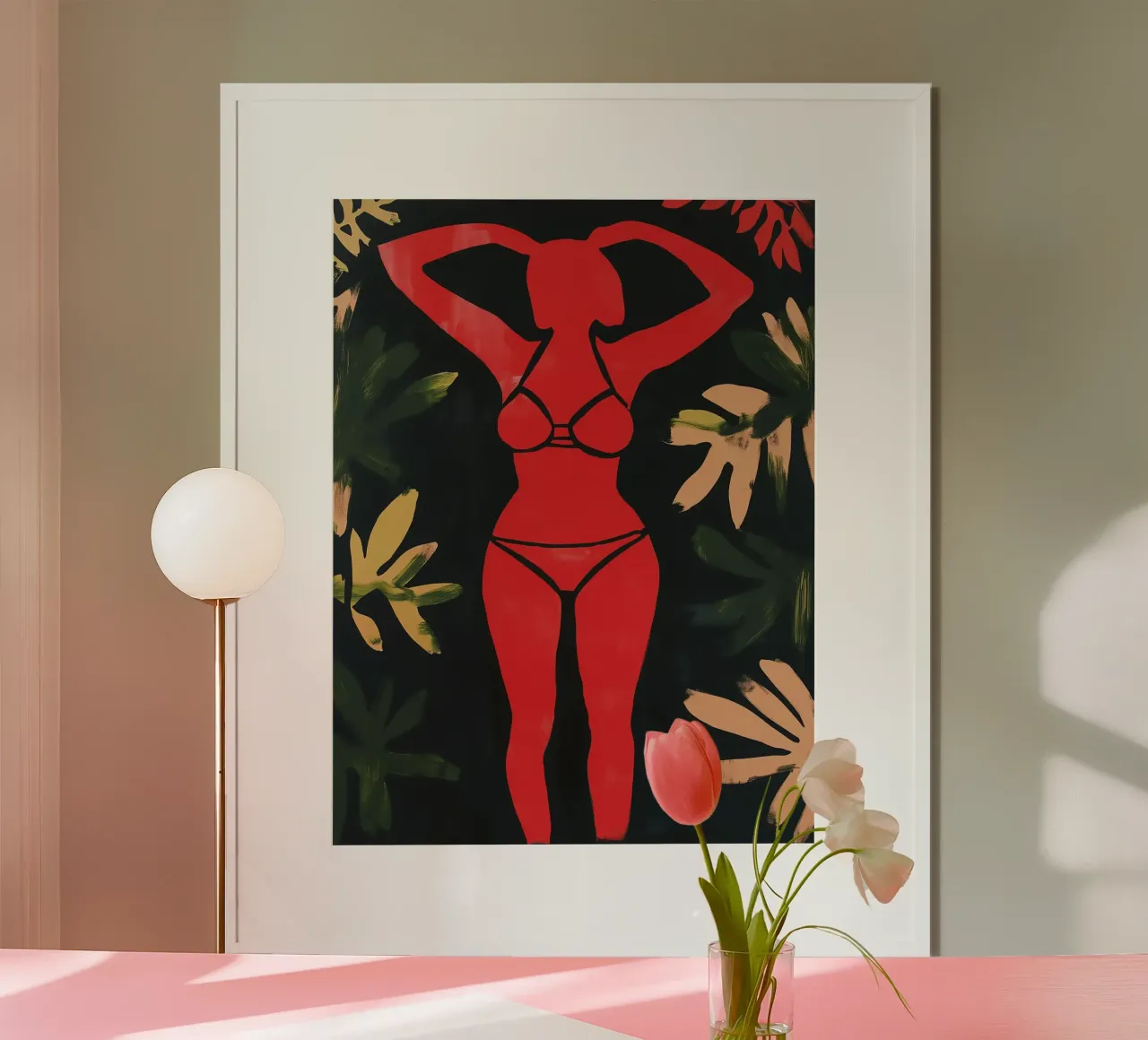 Ragazza decorativa in bikini rosso con piante poster con telaio in plastica da Autofocus