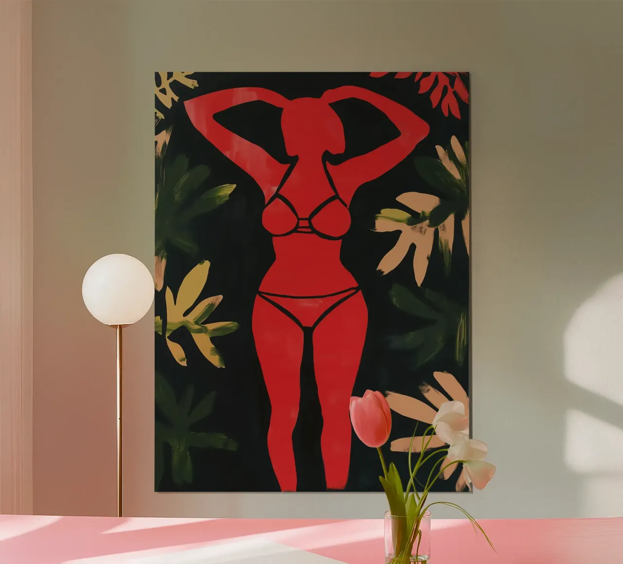 Ragazza decorativa in bikini rosso con piante poster con telaio in plastica da Autofocus
