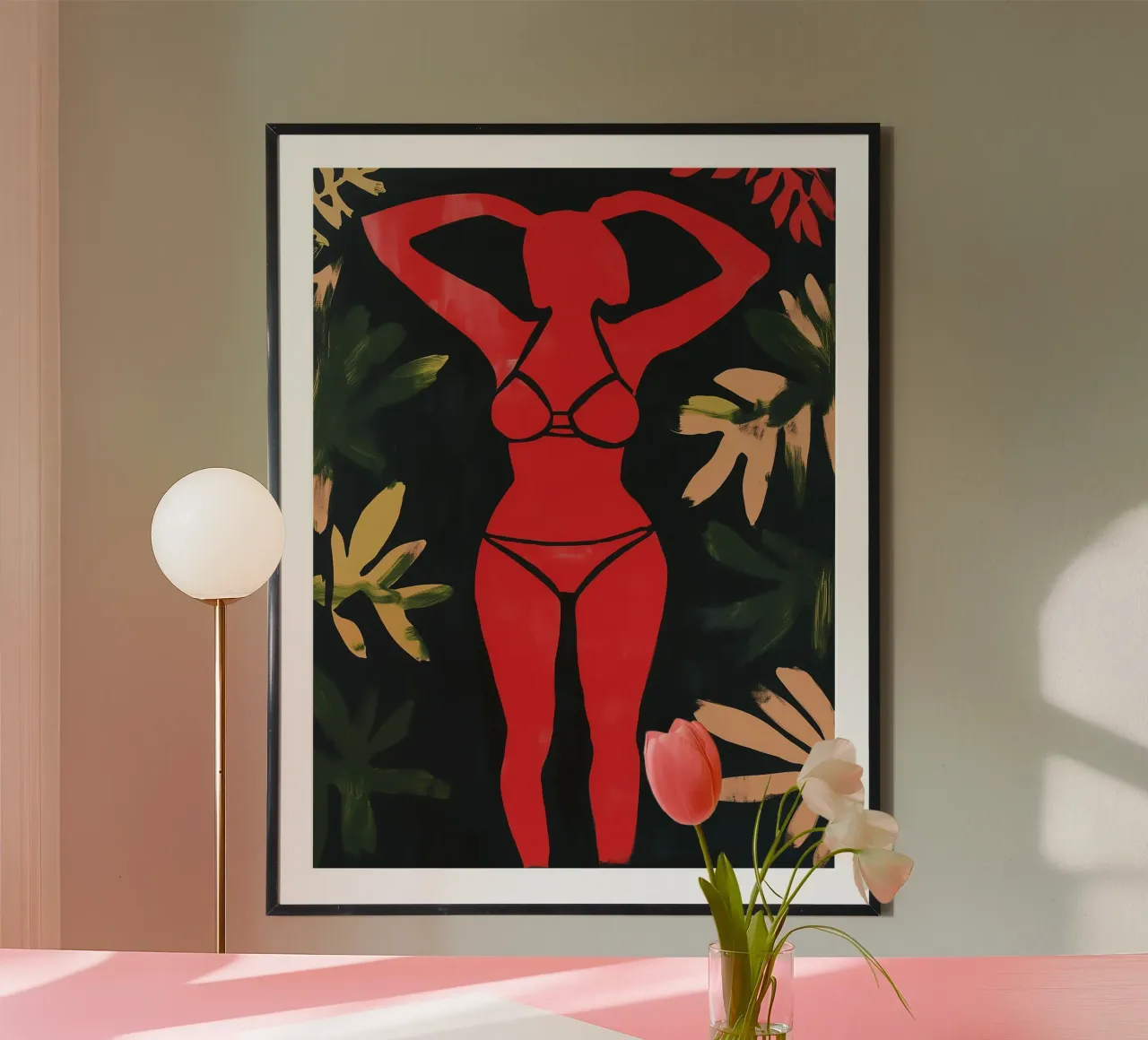 Ragazza decorativa in bikini rosso con piante poster con telaio in plastica da Autofocus