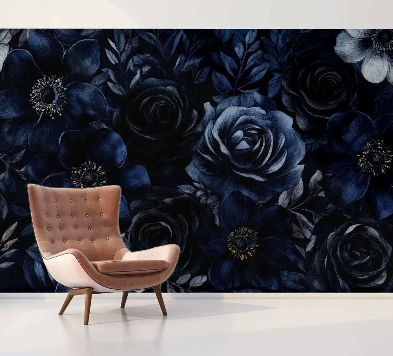 Dark Blue And Black Moody Florals photo wallpaper by Flower Garden - Uta Naumann