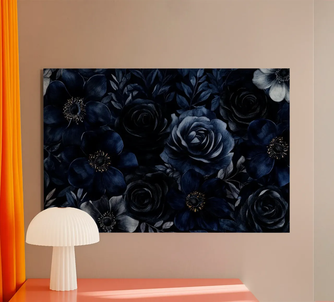 Dark Blue And Black Moody Florals alu-dibond by Flower Garden - Uta Naumann