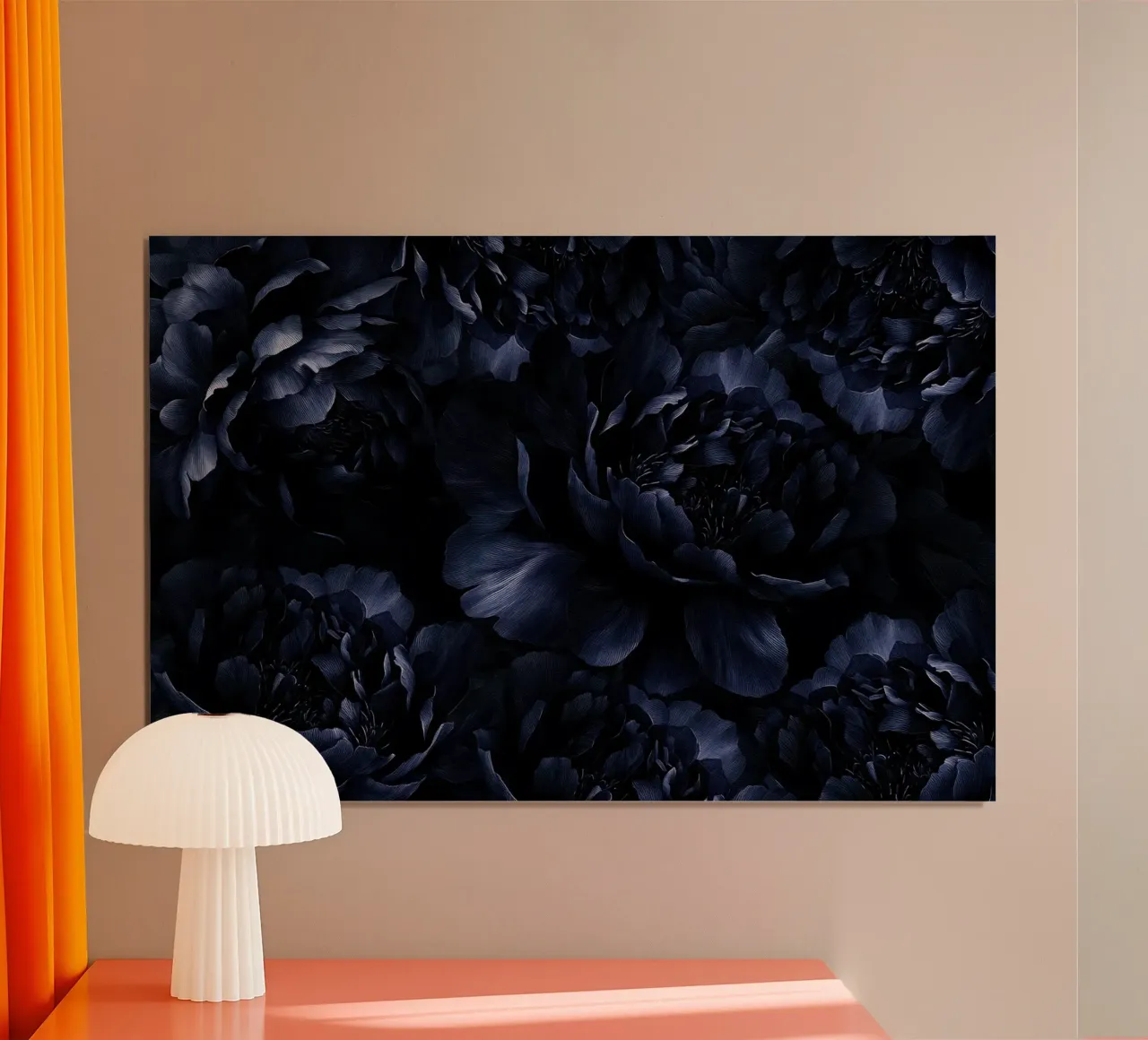 Giardino di peonie in velluto nero blu scuro poster con telaio in plastica da Flower Garden - Uta Naumann