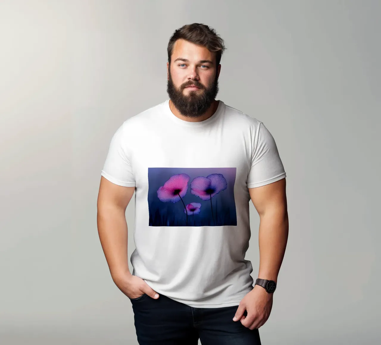 papaveri viola eterei con gocce di pioggia t-shirt da Flower Garden - Uta Naumann