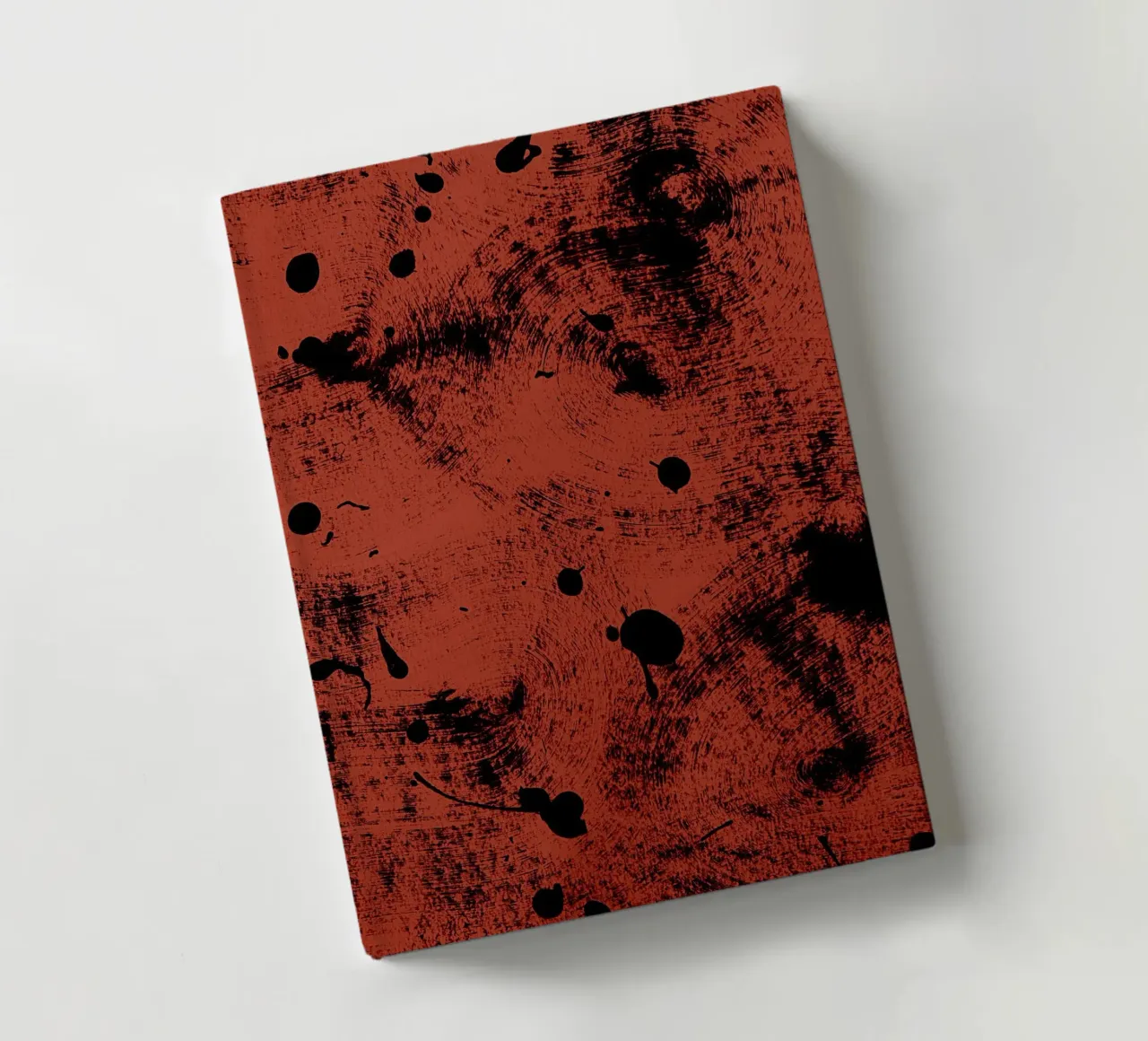 Black splashes of paint on a dark red background notebook by Lisa Jureczko Arts Illustration