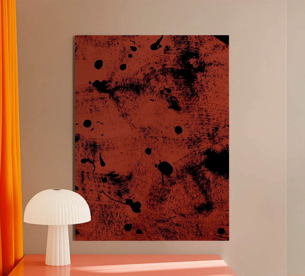 Black splashes of paint on a dark red background alu-dibond by Lisa Jureczko Arts Illustration