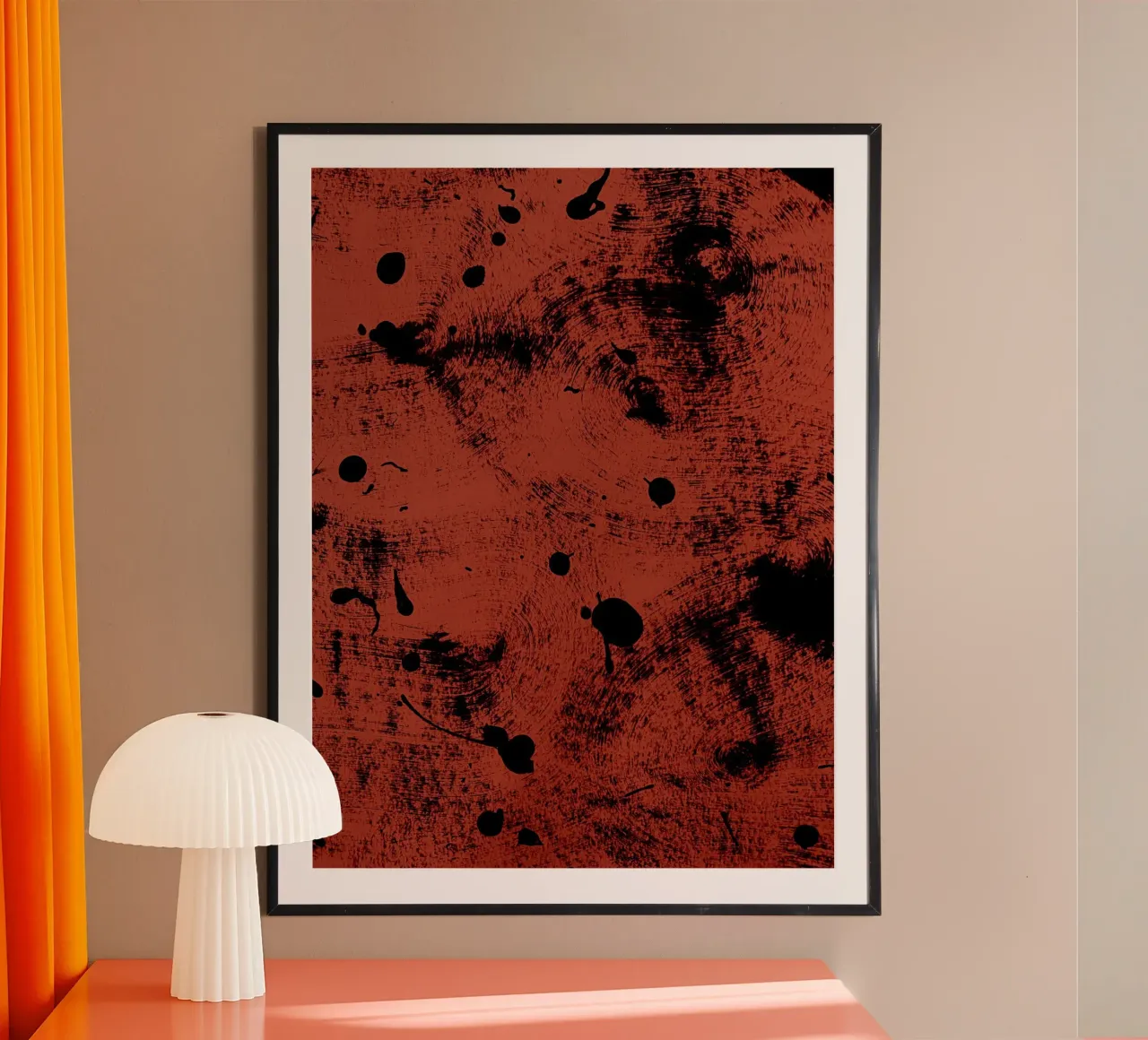 Black splashes of paint on a dark red background hahnemühle by Lisa Jureczko Arts Illustration
