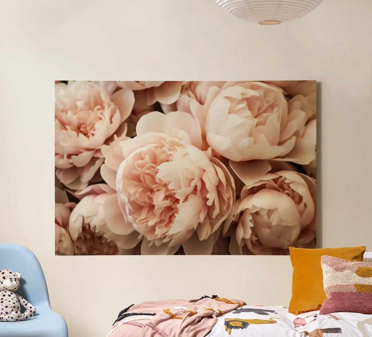 Zacht perzik fluweel vet pioenrozen tuin canvas met Baklijst van Flower Garden - Uta Naumann