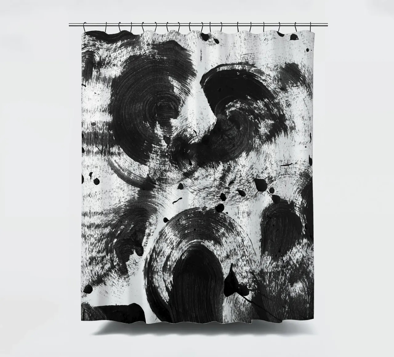 Black splashes of paint on a white background II shower curtain by Lisa Jureczko Arts Illustration