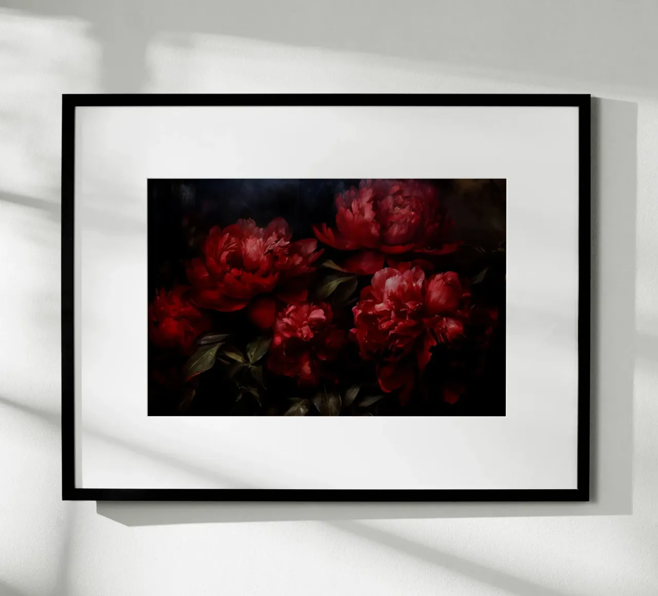 Bouquet di peonie rosse dipinte in velluto barocco borgogna scuro poster con telaio in alluminio da Flower Garden - Uta Naumann