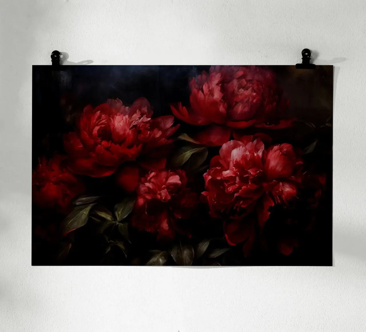 Bouquet di peonie rosse dipinte in velluto barocco borgogna scuro poster con telaio in alluminio da Flower Garden - Uta Naumann