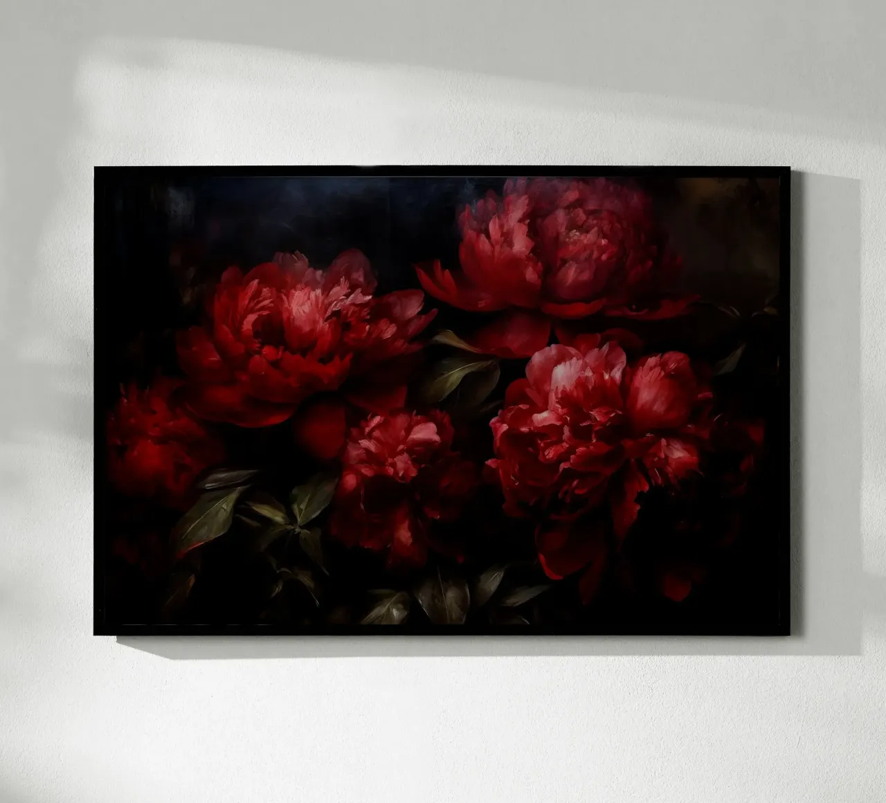 Bouquet di peonie rosse dipinte in velluto barocco borgogna scuro poster con telaio in alluminio da Flower Garden - Uta Naumann