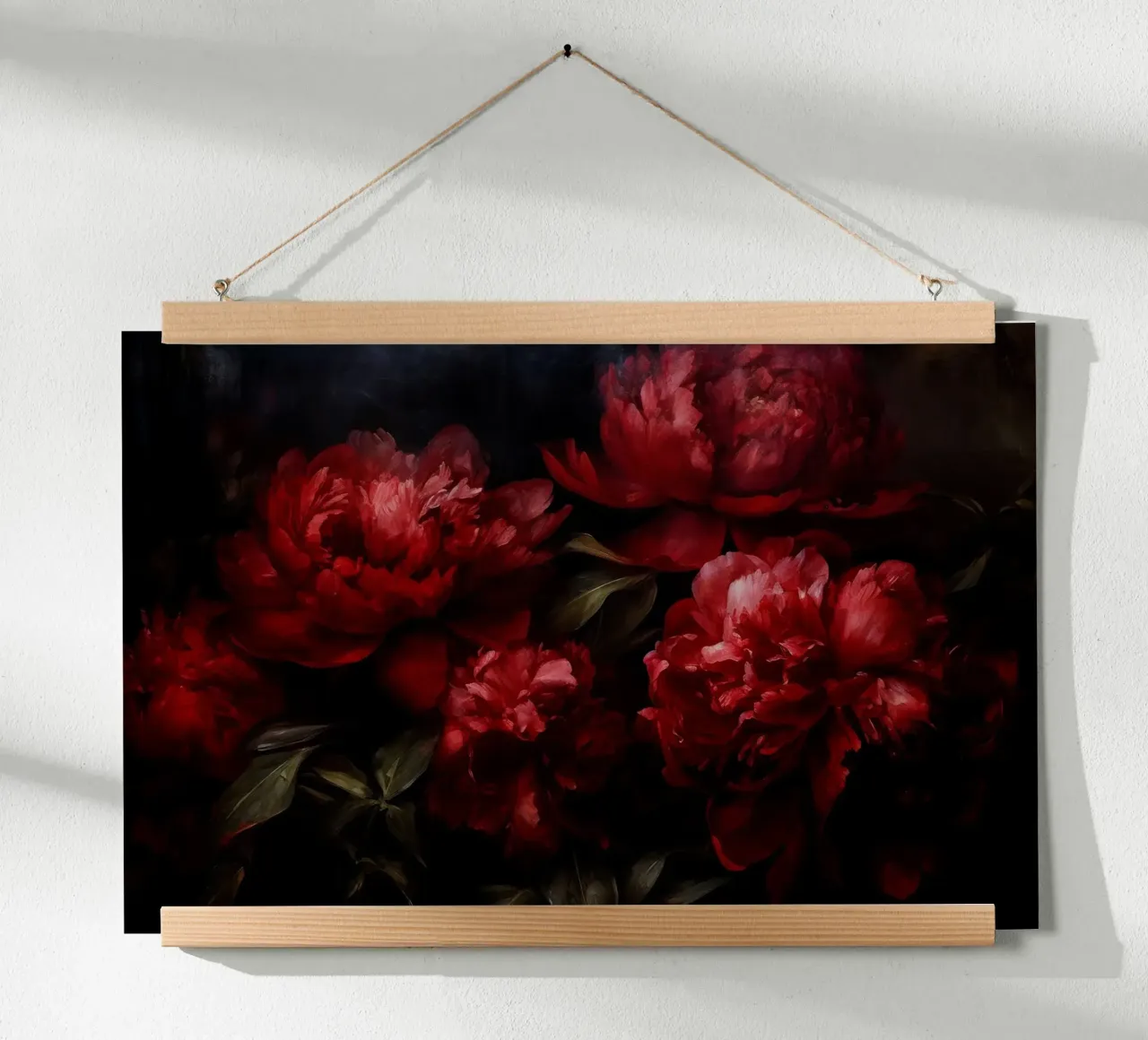 Bouquet di peonie rosse dipinte in velluto barocco borgogna scuro poster con telaio in alluminio da Flower Garden - Uta Naumann