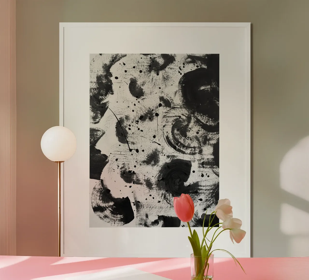 Black splashes of paint on a white background III poster with plastic frame by Lisa Jureczko Arts Illustration