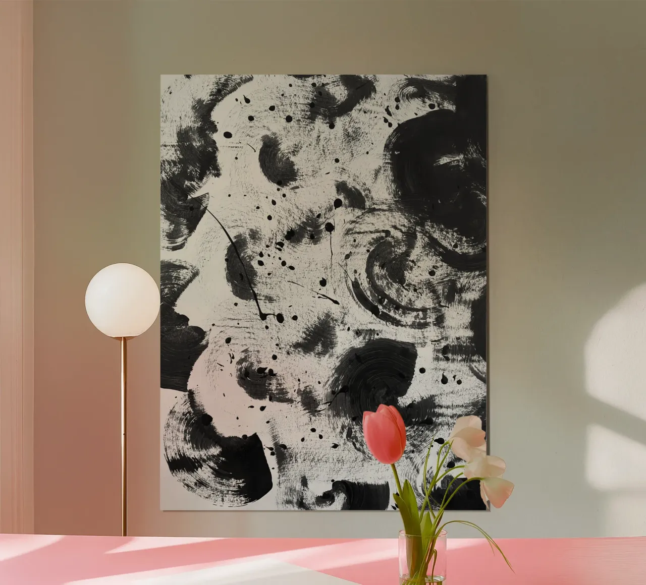 Black splashes of paint on a white background III poster with plastic frame by Lisa Jureczko Arts Illustration