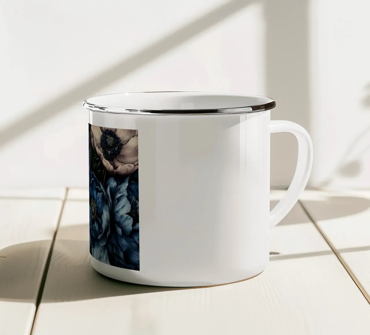 Blauw en blozend Anemonen en klaproos Bloemen Houtprint emaille mok van Flower Garden - Uta Naumann