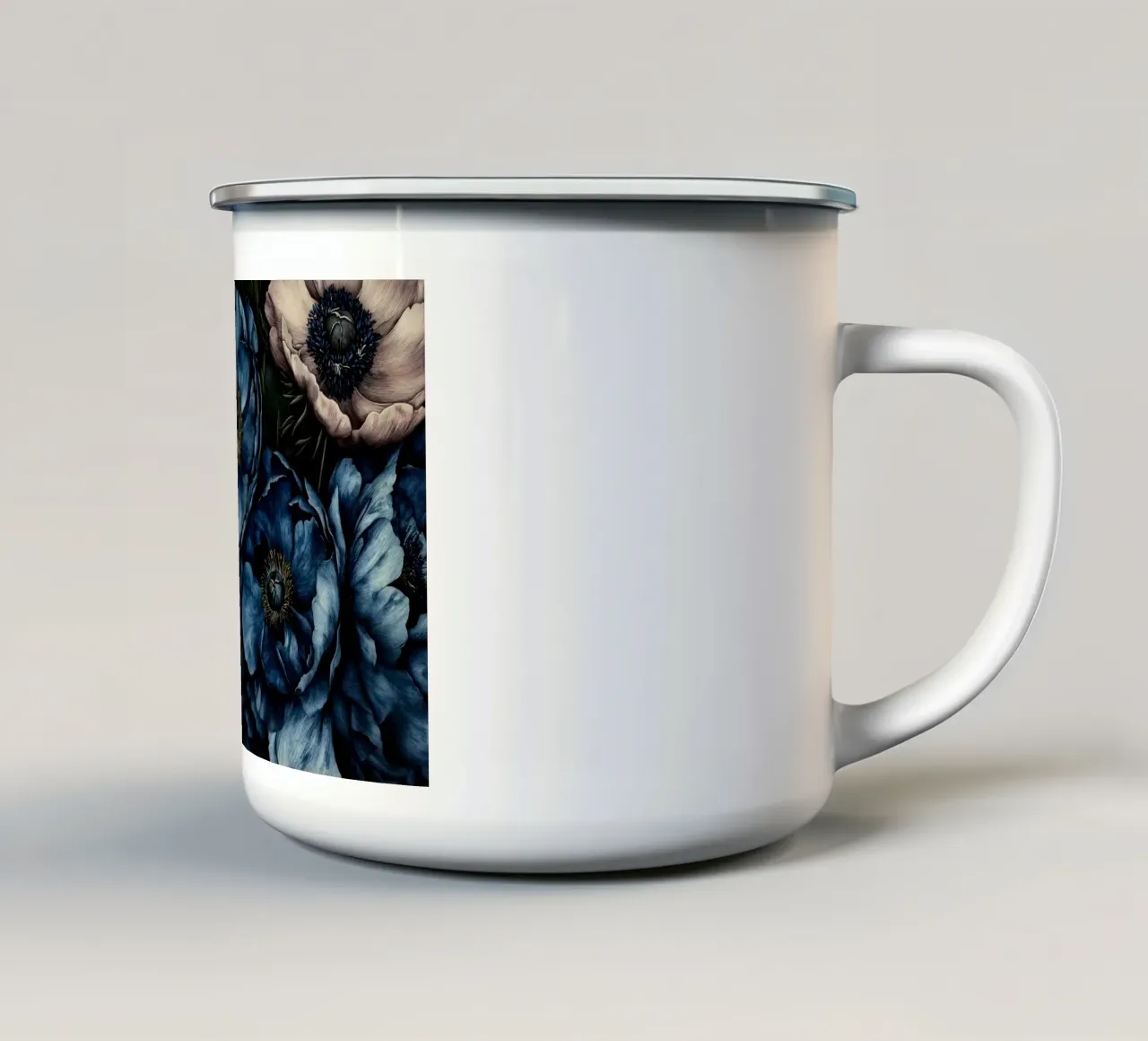 Blauw en blozend Anemonen en klaproos Bloemen Houtprint emaille mok van Flower Garden - Uta Naumann