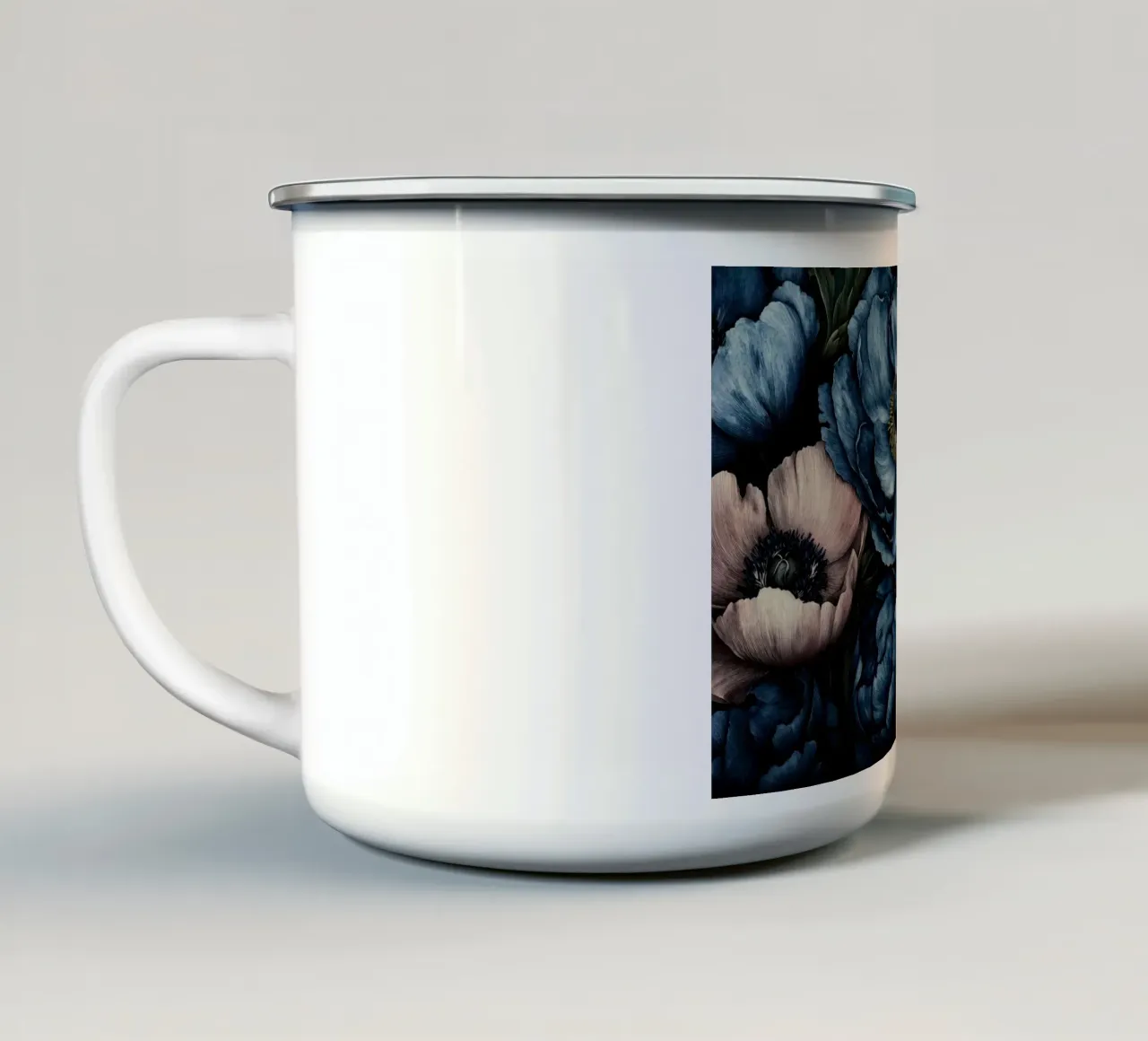 Blauw en blozend Anemonen en klaproos Bloemen Houtprint emaille mok van Flower Garden - Uta Naumann