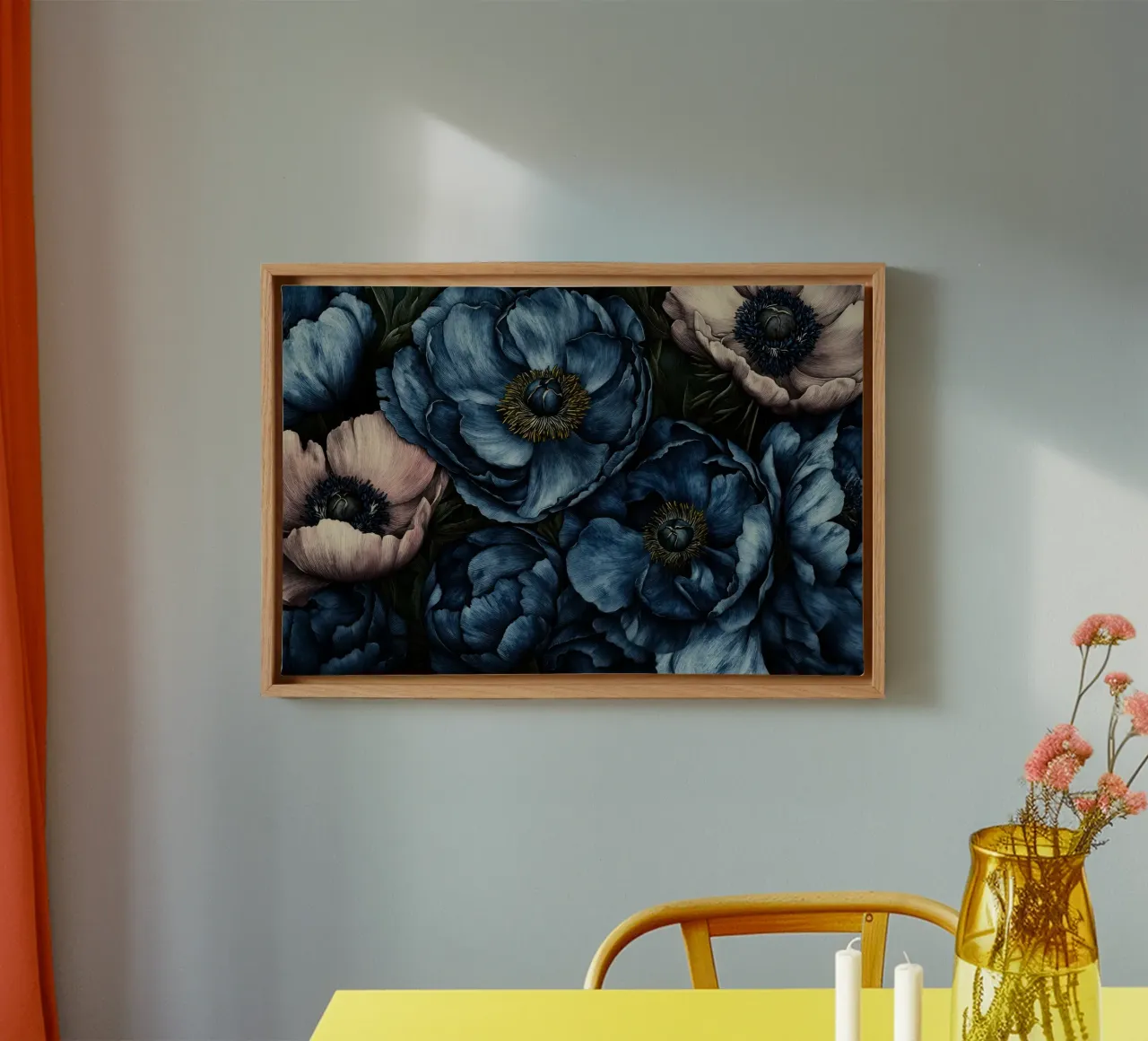 Blauw en blozend Anemonen en klaproos Bloemen Houtprint canvas met Baklijst van Flower Garden - Uta Naumann
