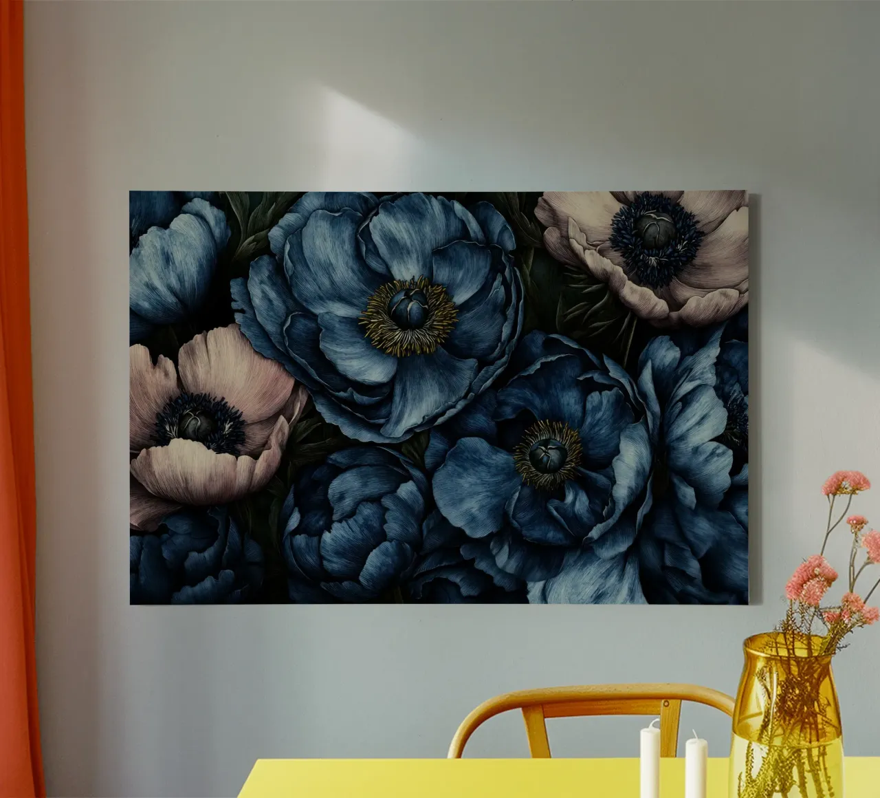 Blauw en blozend Anemonen en klaproos Bloemen Houtprint canvas met Baklijst van Flower Garden - Uta Naumann