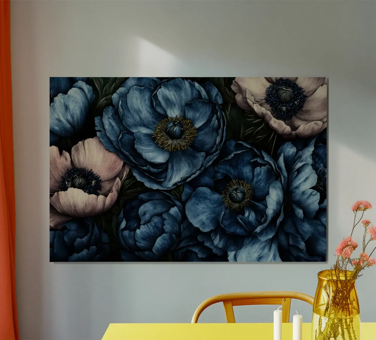 Stampa su legno di anemoni e fiori di papavero blu e blu poster con telaio in legno da Flower Garden - Uta Naumann