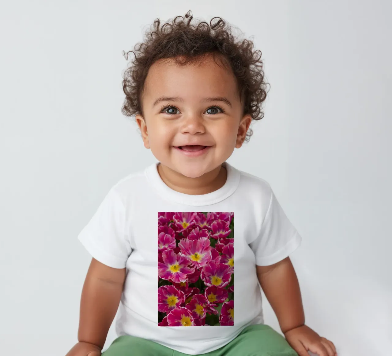 Floral Elegance: Lush Pink Tulips in Full Glory baby t-shirt by Curious Collections by Marielle Leenders