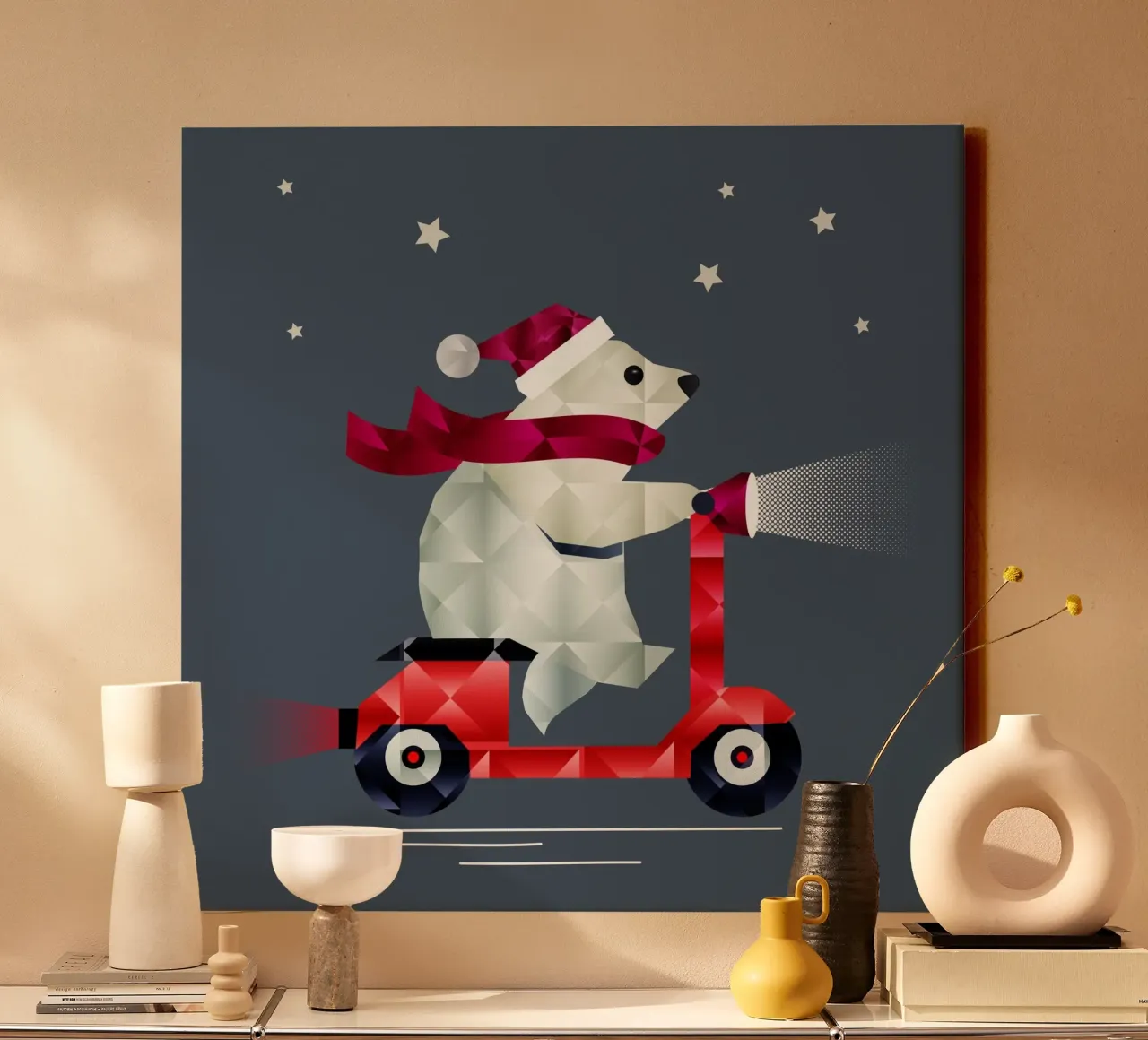 Polar bear in Christmas outfit on a scooter canvas with Floater frame by namosh