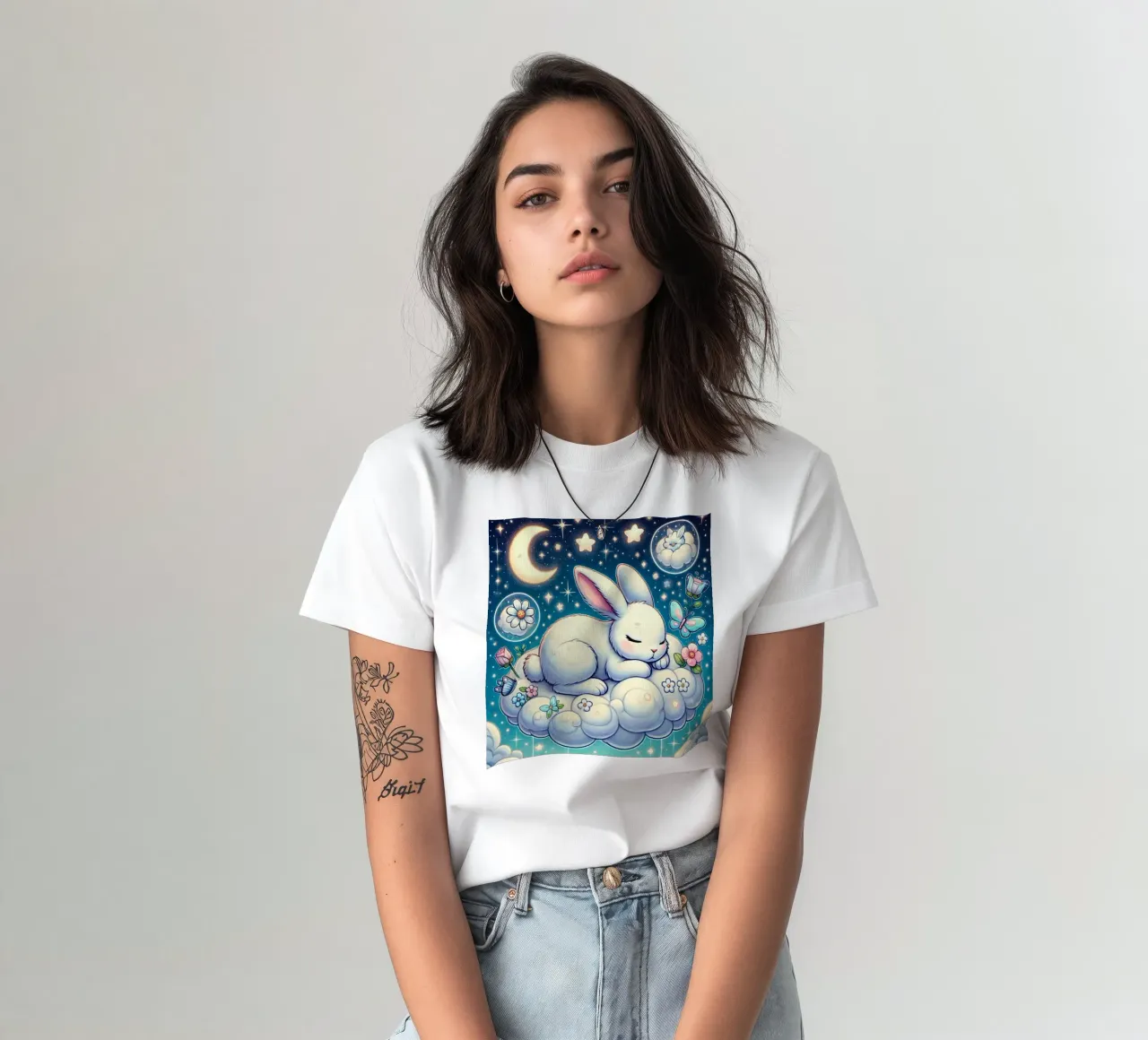 Dreamy Bunny on a Cloud t-shirt by FluffyToons
