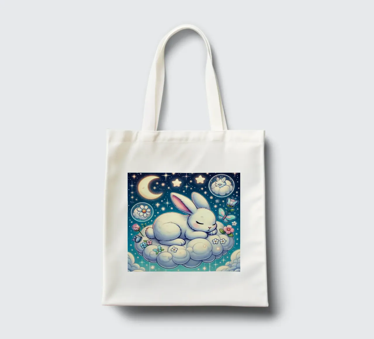 Dreamy Bunny on a Cloud tote bag by FluffyToons