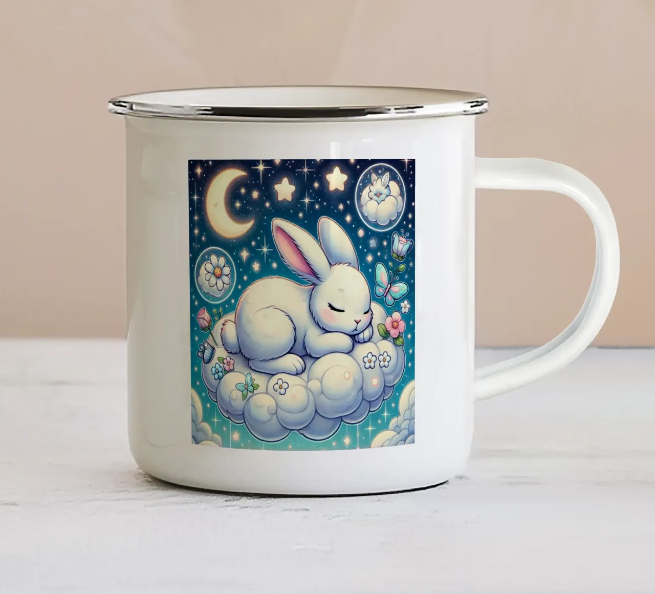 Coniglietto sognante su una nuvola tazza in smalto da FluffyToons