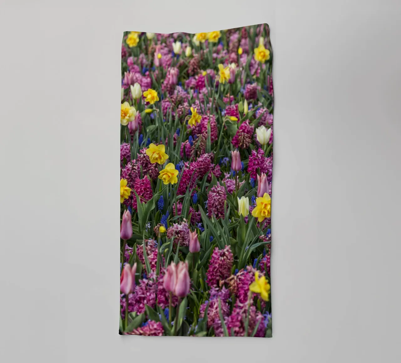 A Symphony of Spring: Purple Tulips, Hyacinths, and Daffodil towel by Curious Collections by Marielle Leenders