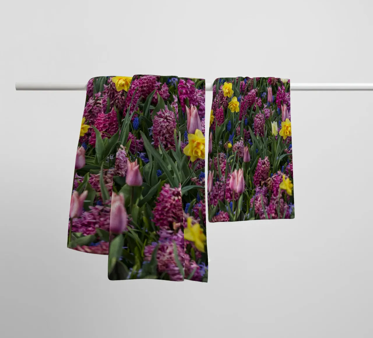 A Symphony of Spring: Purple Tulips, Hyacinths, and Daffodil towel by Curious Collections by Marielle Leenders
