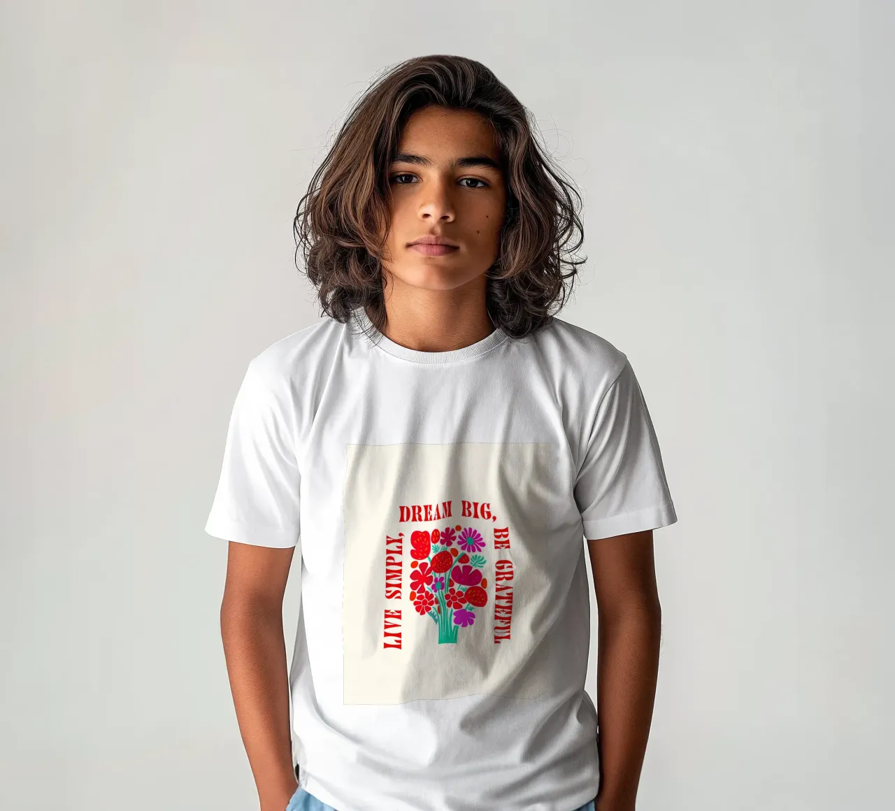 Sognare in grande, essere grati, vivere semplicemente t-shirt bambini da inspirational quote