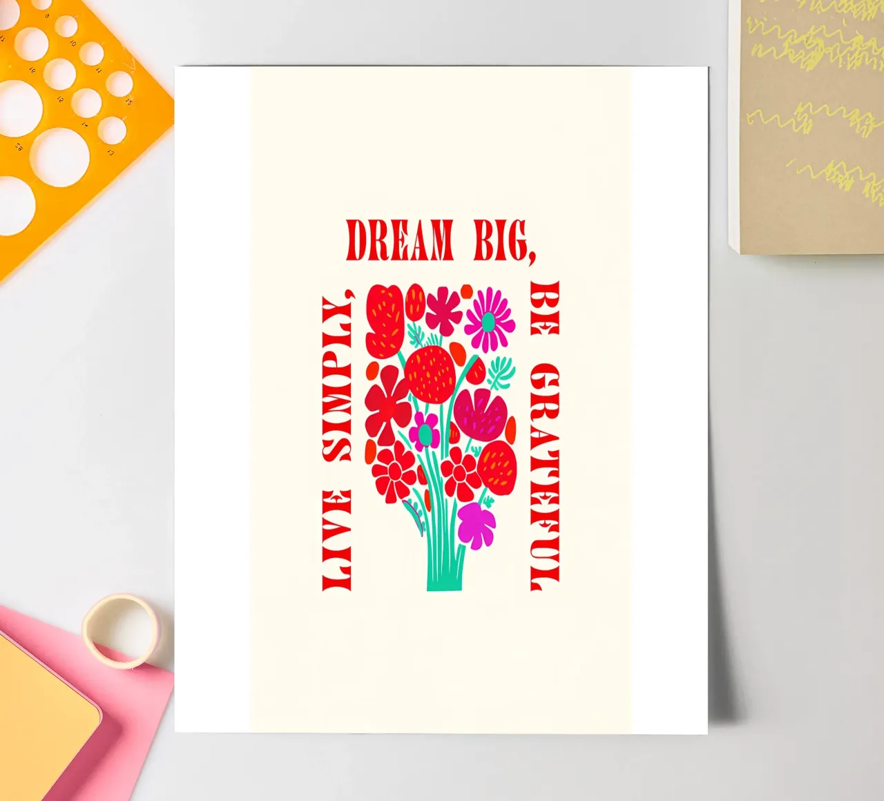 Sognare in grande, essere grati, vivere semplicemente foglio adesivo da inspirational quote